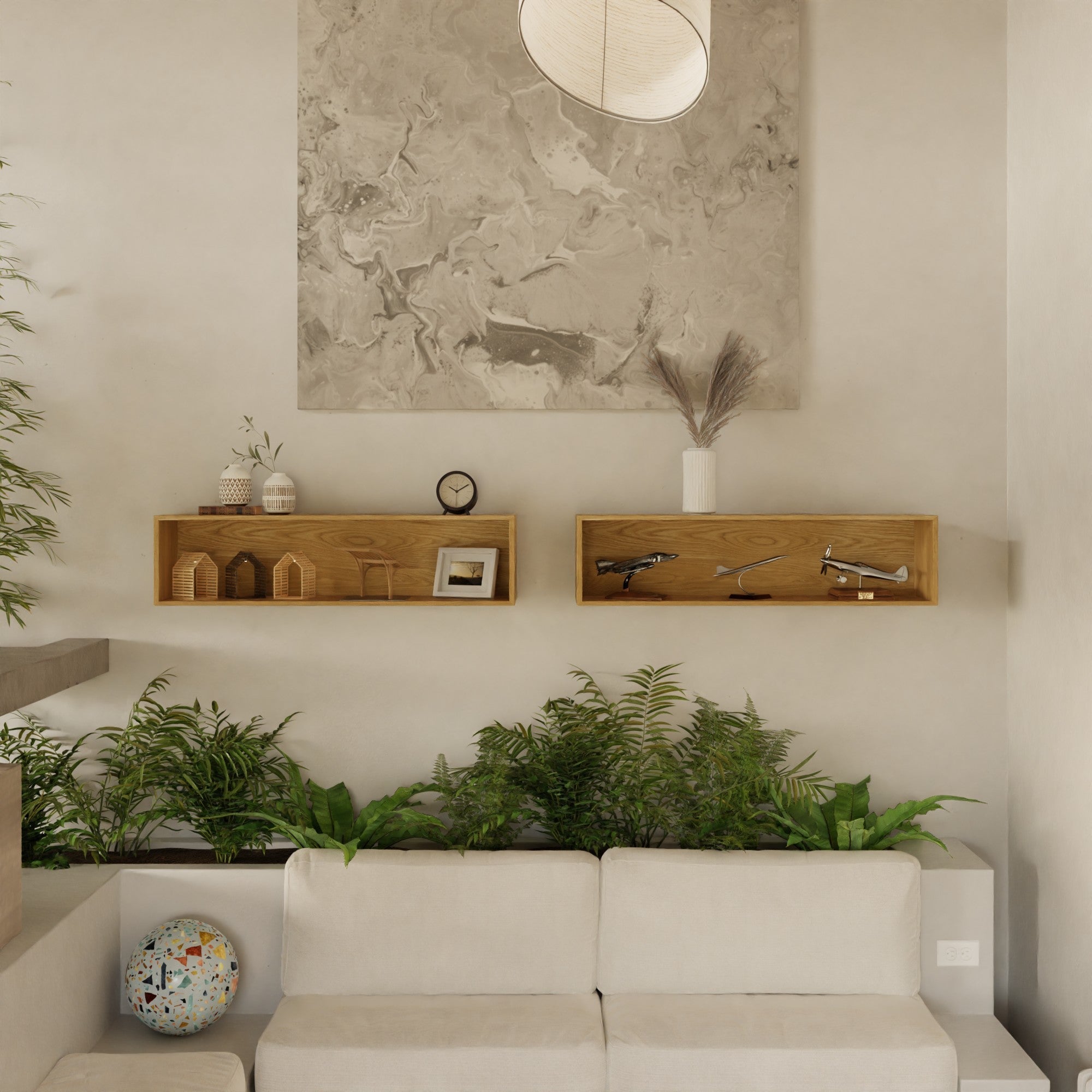 Modern living room with a white sofa, green plants, and two wooden shelves displaying small ornaments and model planes. A large abstract art piece hangs above, and a spherical decorative pillow sits on the couch.