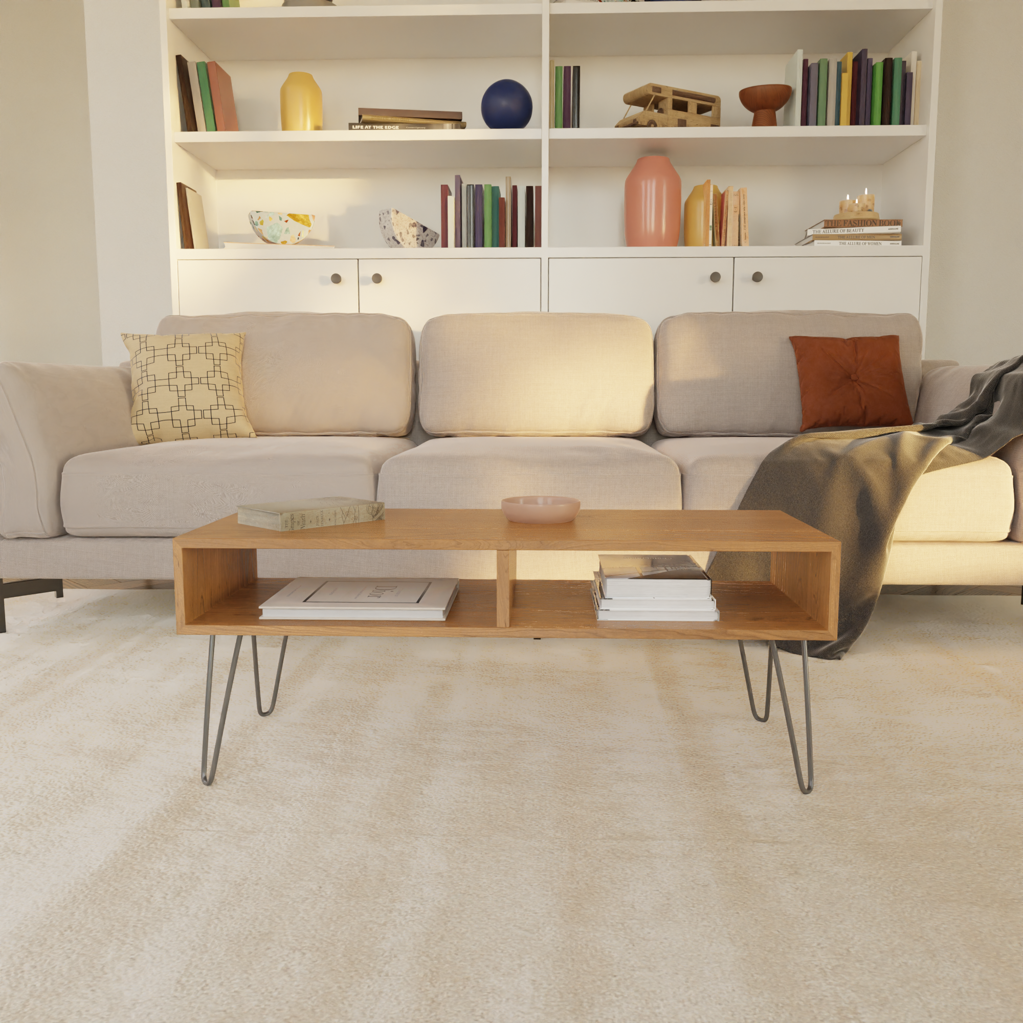 A cozy living room with a beige sofa, colorful throw pillows, and a light wood coffee table. Books and decorative items are neatly arranged on the shelves behind the sofa.