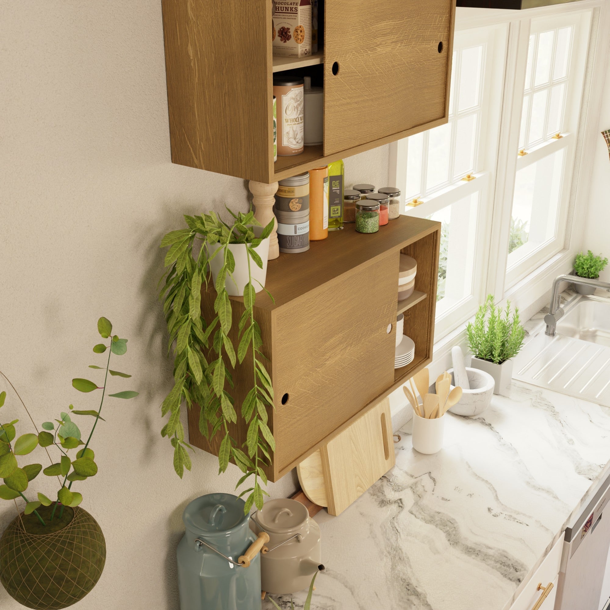 Kitchen with wooden cabinets, a marble countertop, and various cooking items. Potted plants and herbs decorate the space, and sunlight streams through a window. A kettle and wooden utensils are on the counter.