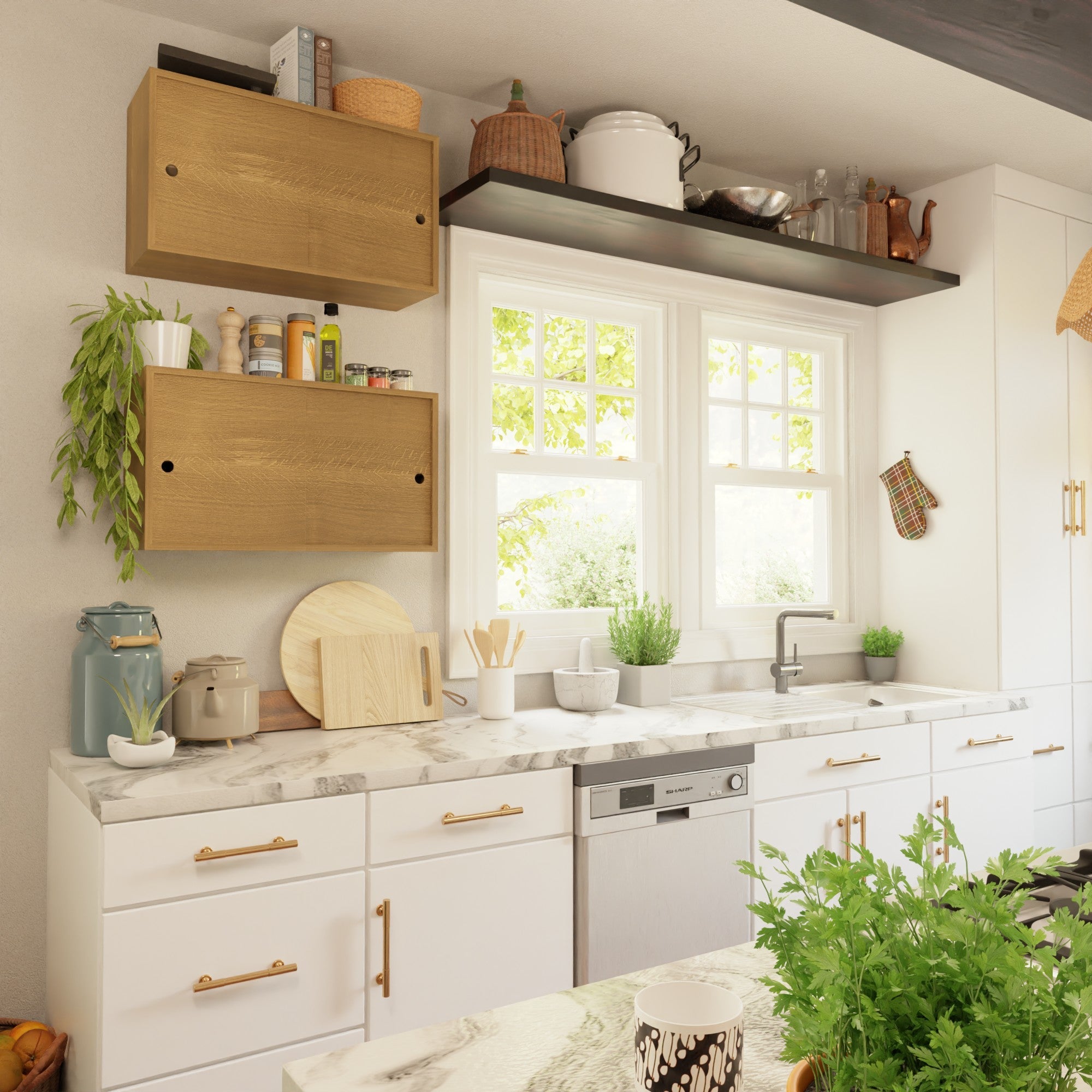 A bright kitchen with white cabinets, a marble countertop, and a farmhouse sink under a window. Wooden shelves hold jars and plants. A dishwasher is below, and fresh herbs are on the island.