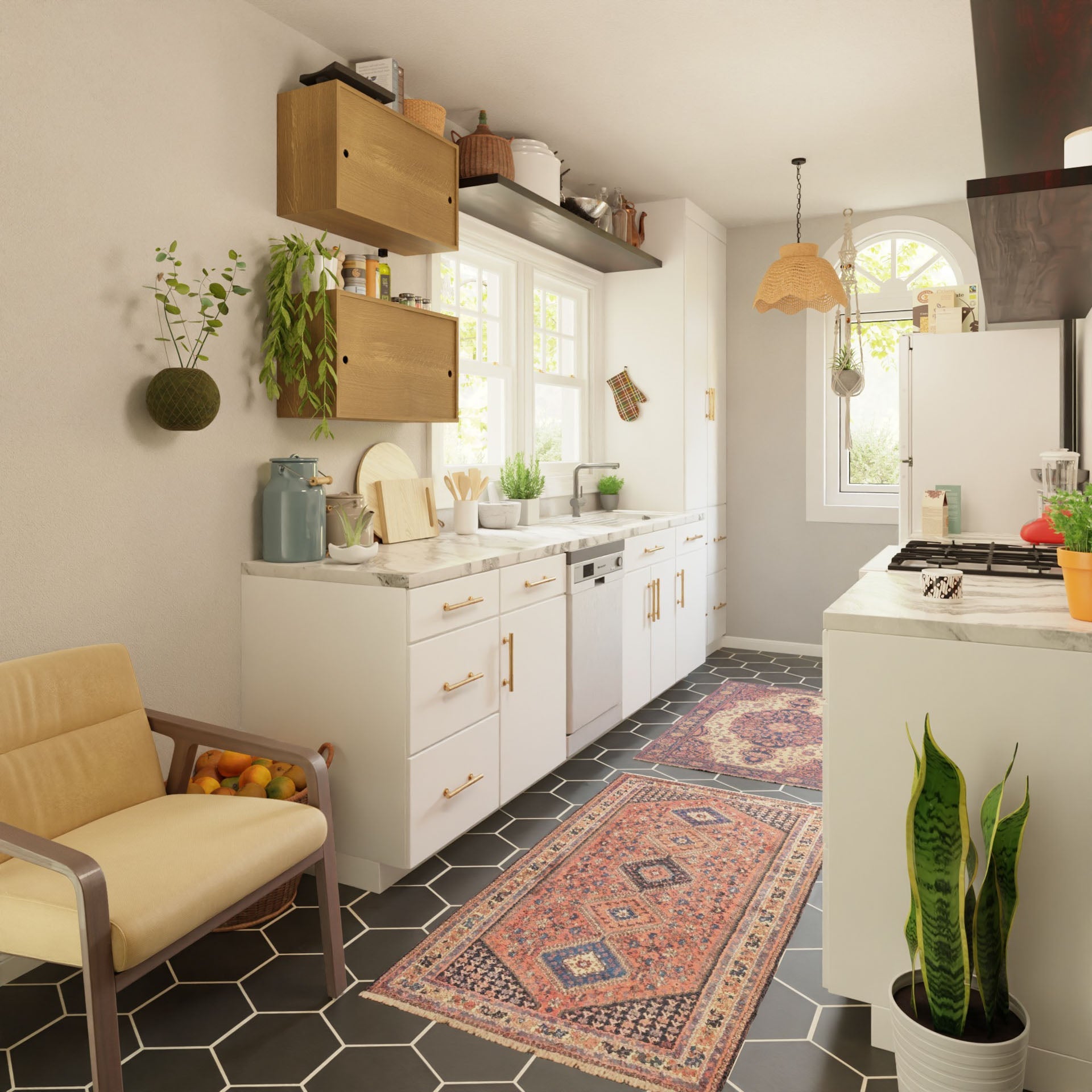 A bright, modern kitchen with white cabinets, handmade patterned rugs, and hexagonal floor tiles. Plants and kitchenware decorate the shelves. A large window allows natural light in, and a wicker light fixture hangs from the ceiling, adding charm to the handcrafted space.