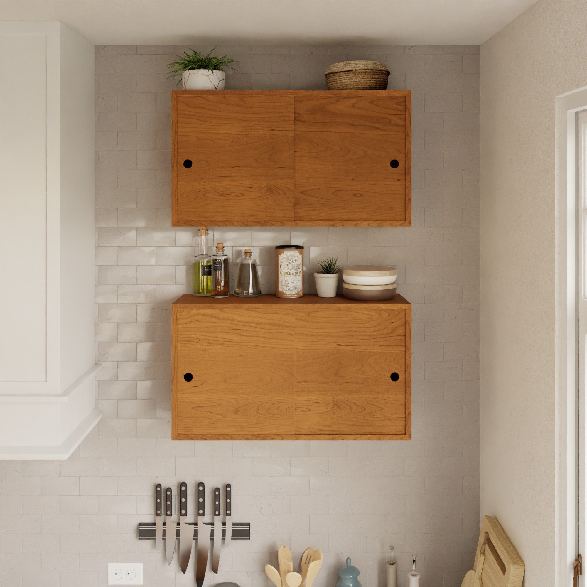 Floating Bathroom Storage Cabinet With Sliding Doors, Solid Walnut 