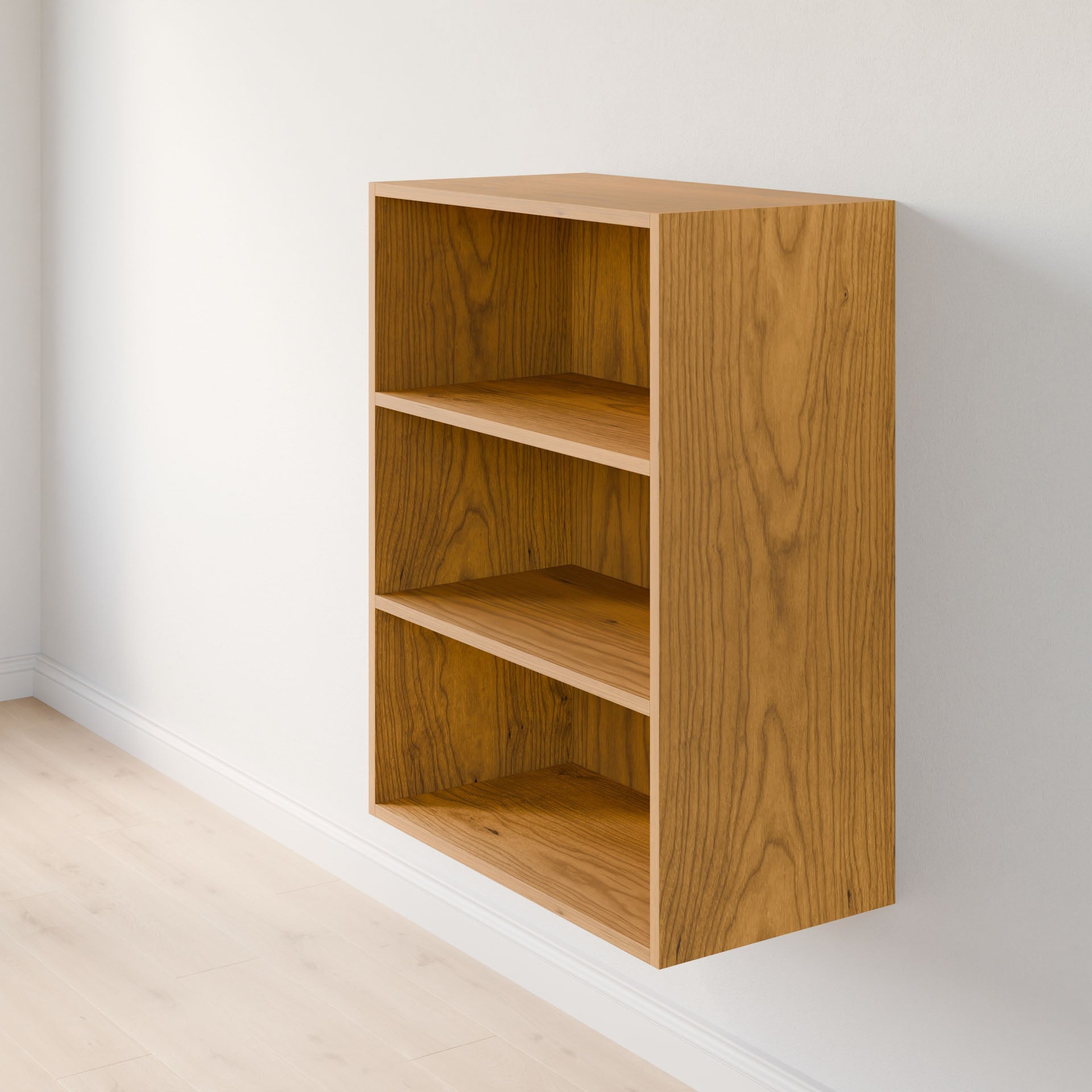 The Krovel Furniture Co. Closet Drawers and Shelves in Cherry is a wooden wall-mounted bookshelf crafted from premium-grade cabinet plywood, featuring three shelves. Its natural wood grain texture and open design suit books or decorative items, adding elegance to any space. #configuration_triple-shelf