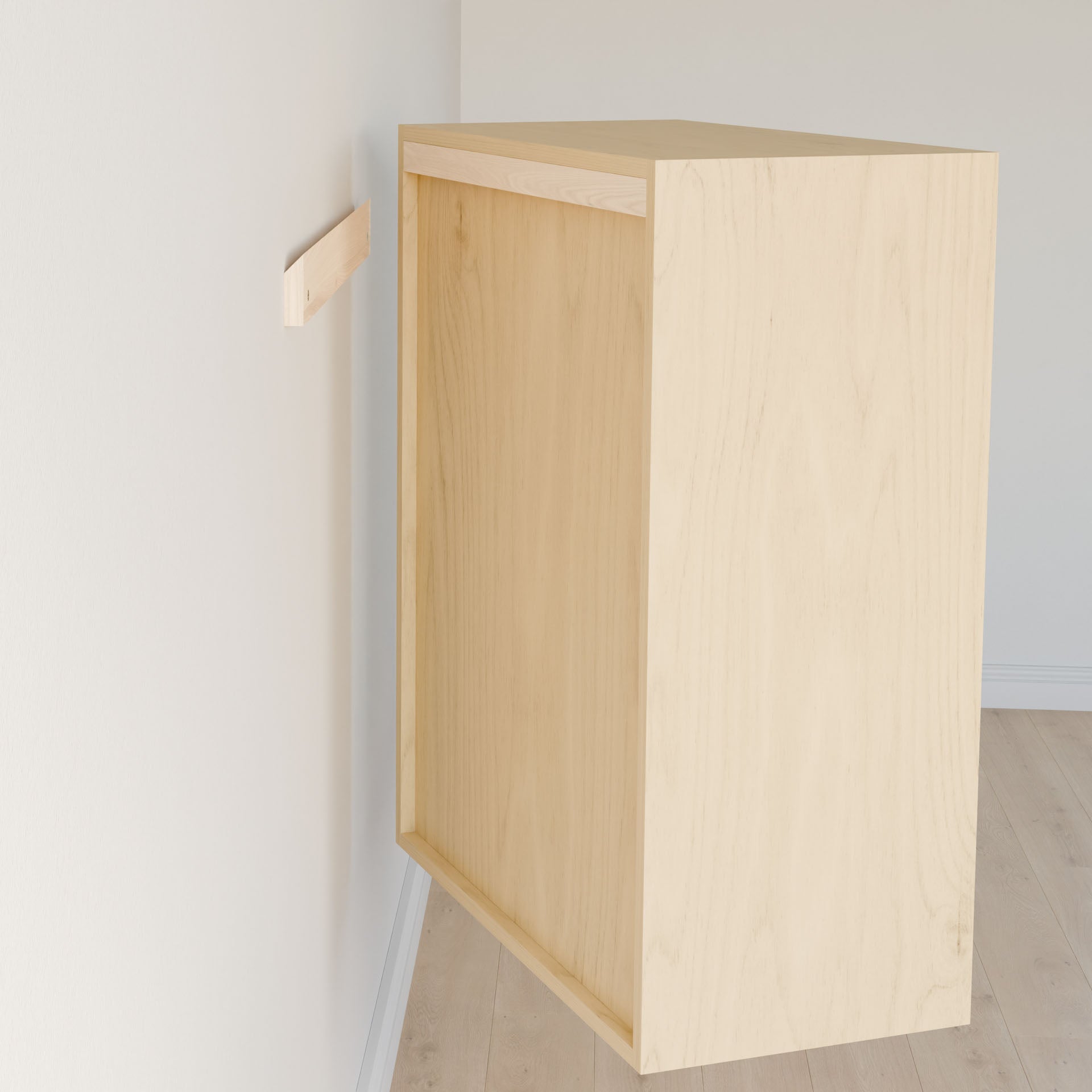 The Closet Drawers and Shelves in Maple by Krovel Furniture Co. feature a sleek, handle-free design crafted from premium plywood. Mounted via a wooden bracket, this floating cabinet complements light-colored floors with its elegant modular shelf appearance. #configuration_triple-shelf