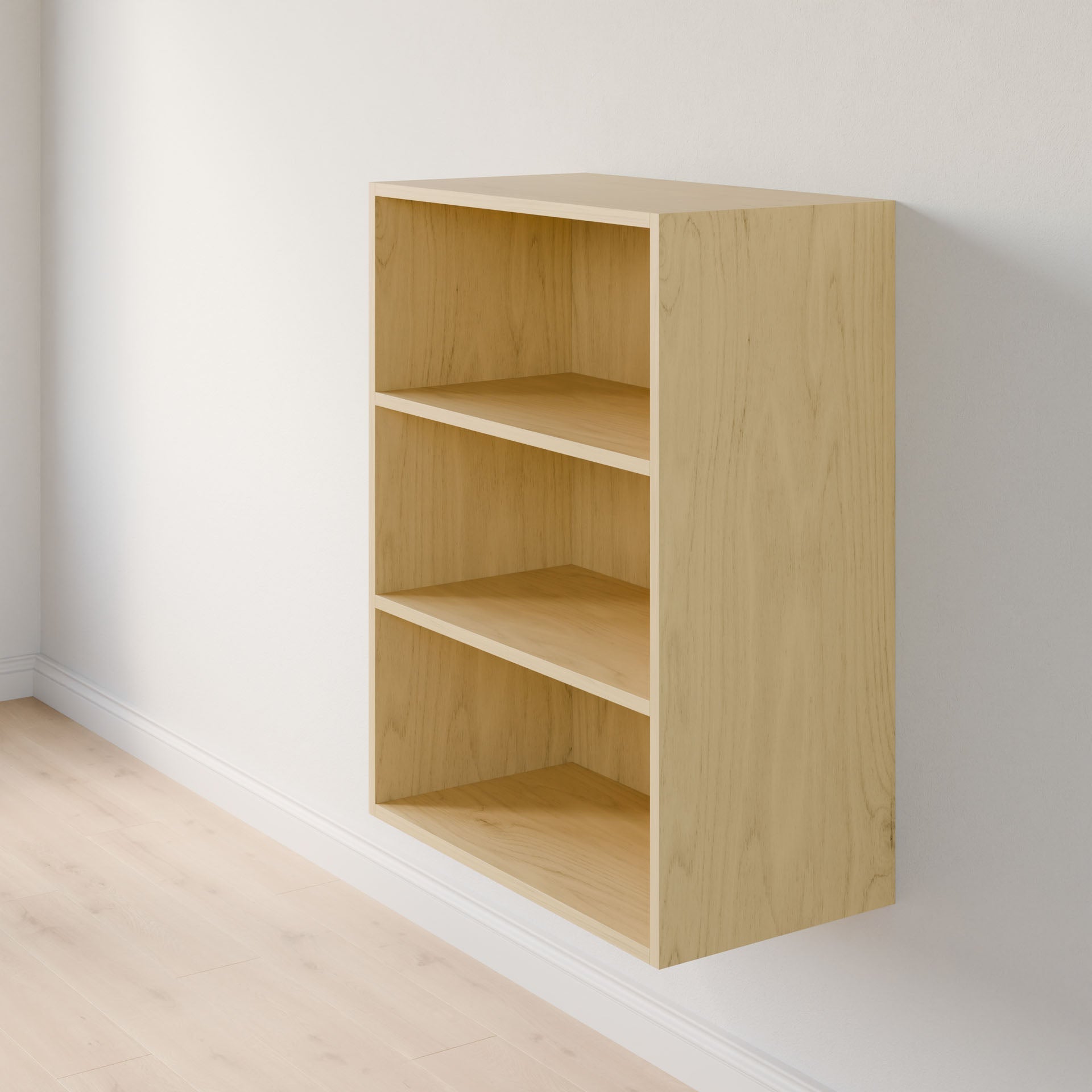 The Closet Drawers and Shelves in Maple by Krovel Furniture Co., made with premium grade plywood, offers three sleek shelves mounted on a white wall, complemented by the light wood floor for a minimalist and clean look. #configuration_triple-shelf