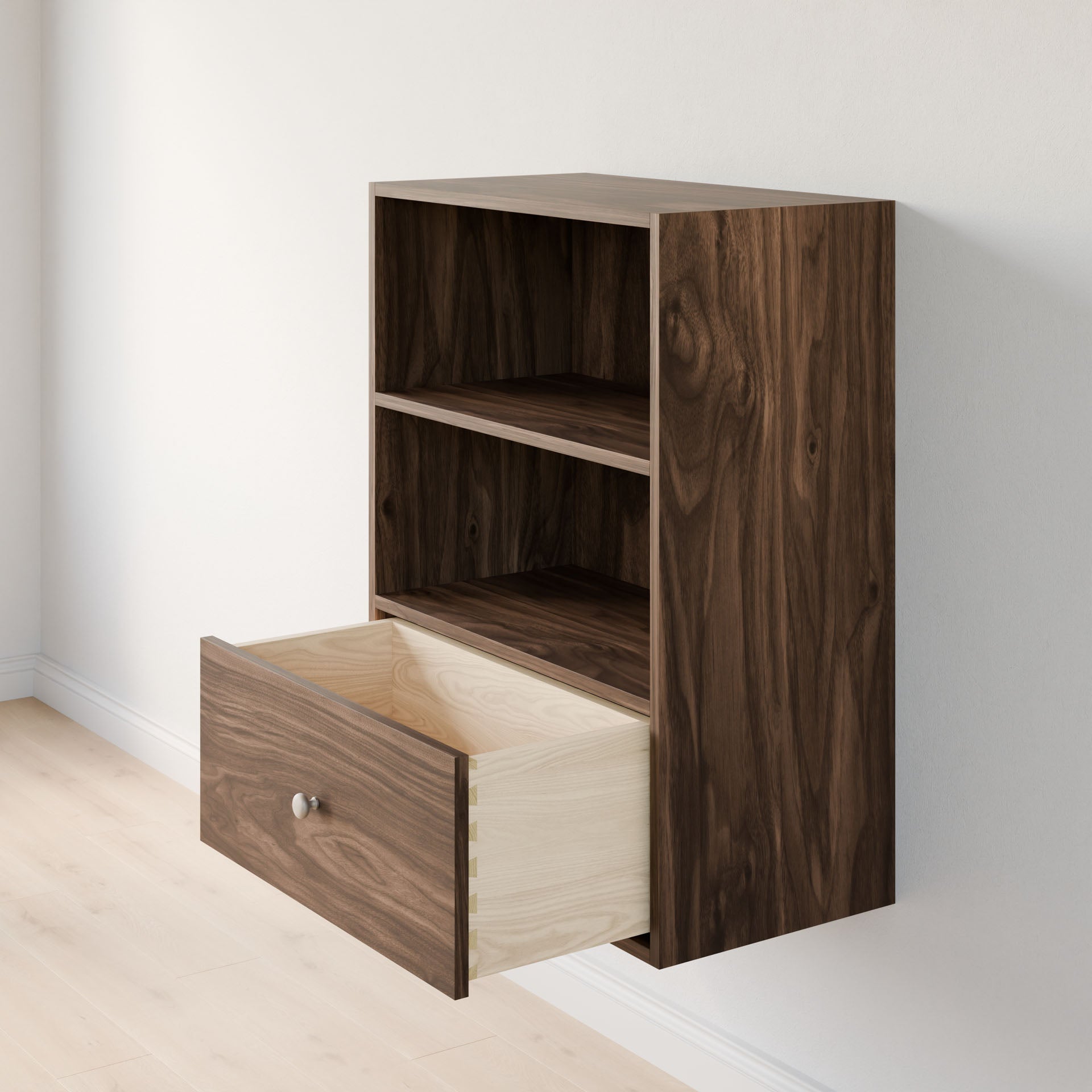 The Krovel Furniture Co. Closet Drawers and Shelves in Walnut, designed for wall mounting, feature a natural wooden finish with dovetail construction. It includes two open upper shelves and a lower open drawer, perfectly complementing a plain white wall and light wood floor. #configuration_double-shelf-single-drawer