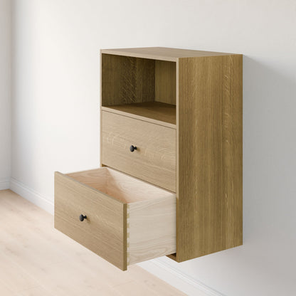 Krovel Furniture Co.'s Closet Drawers and Shelves in White Oak is a stylish wall-mounted cabinet with premium plywood. Featuring two compartments—a fully open upper section and a partially open lower drawer—it complements light-colored walls and pale wooden floors, adding a touch of elegance. 