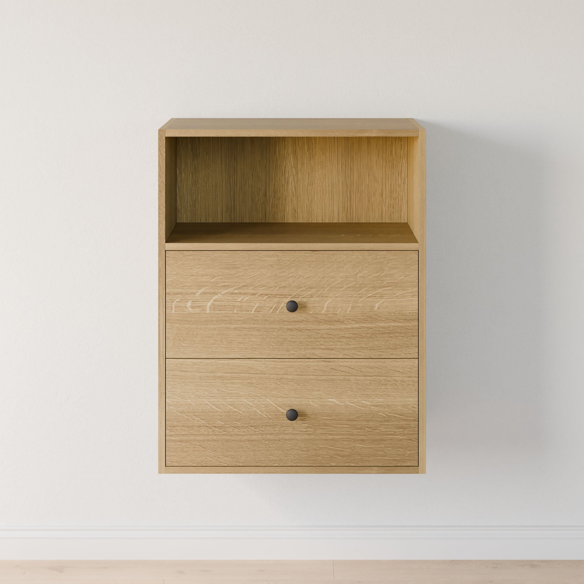 The Krovel Furniture Co.'s Closet Drawers and Shelves in White Oak is a compact, lightweight cabinet made from premium-grade plywood with an open top shelf and two drawers with black knobs, perfect for a plain white wall. #configuration_single-shelf-double-drawer