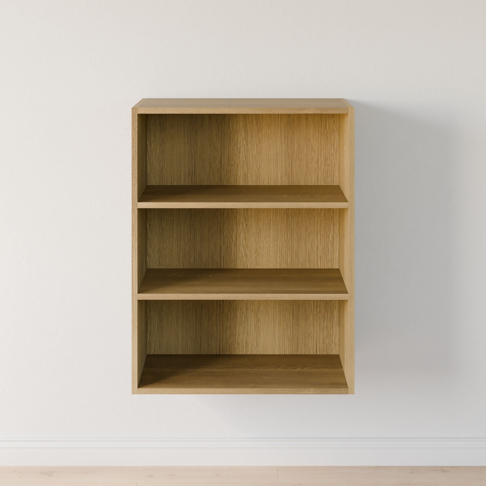 The Krovel Furniture Co.'s Closet Drawers and Shelves in White Oak, a modular wall-mounted unit crafted from premium plywood, features three evenly spaced shelves against a plain white wall. The light wooden floor complements its minimalist design, offering flexibility for closet customization. #configuration_triple-shelf