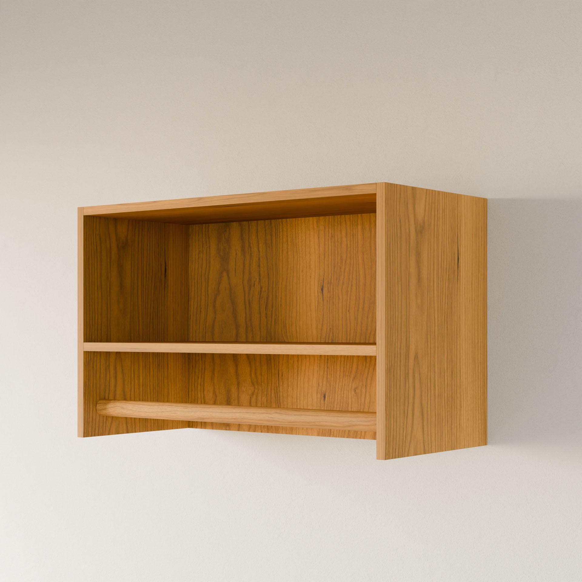 The Krovel Furniture Co.'s Closet Hanger with Shelf in Cherry is a wall-mounted unit with open design, made from premium plywood and featuring hardwood veneer shelves, highlighting its natural wood grain finish against a plain, light-colored wall.