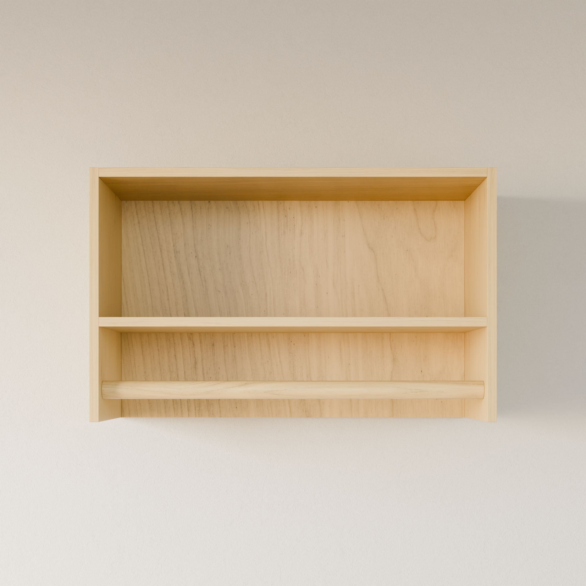 The Closet Hanger with Shelf in Maple by Krovel Furniture Co. is made from premium-grade cabinet plywood, featuring two levels and a natural finish. Its minimalist design enhances any space when mounted against a light-colored wall.