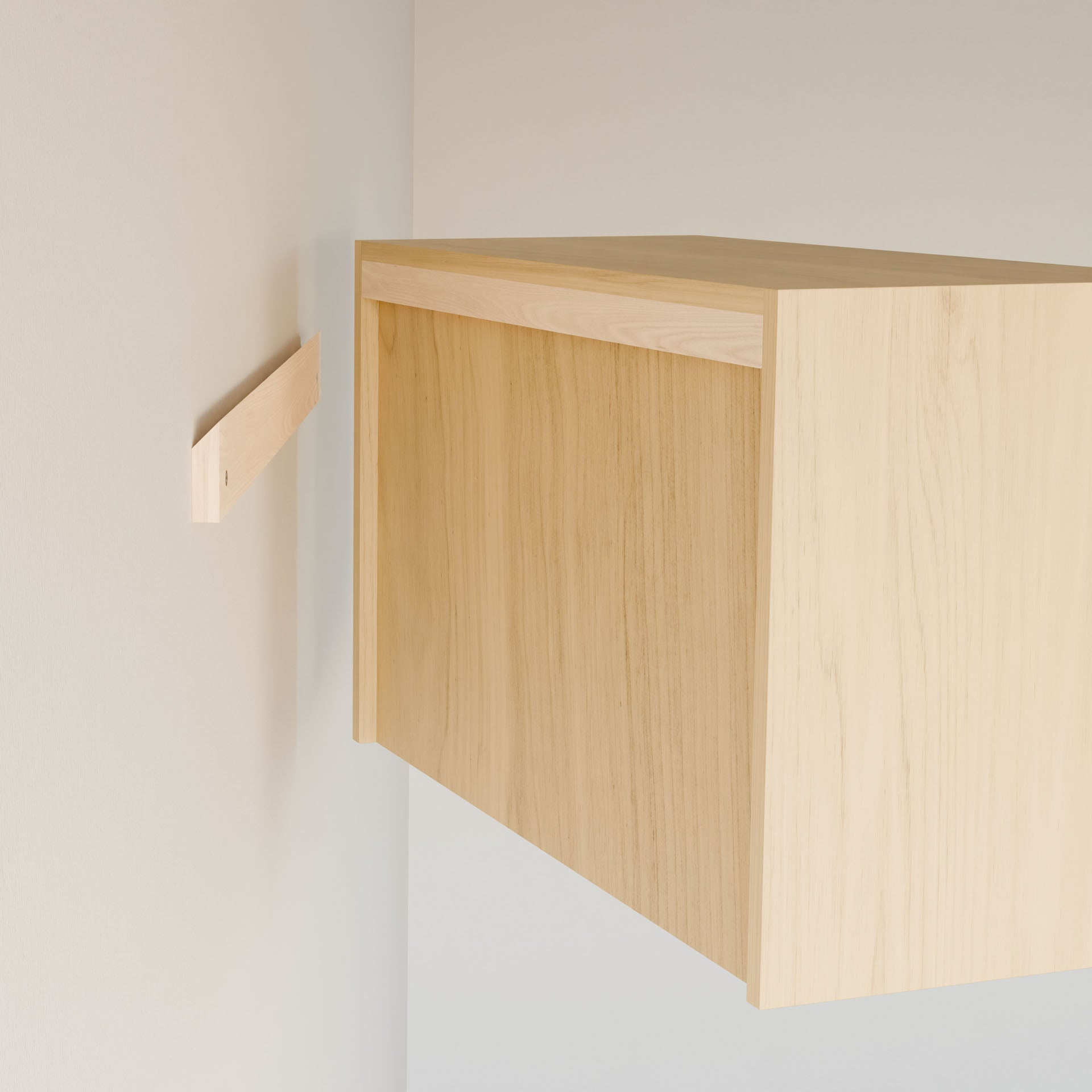 The Krovel Furniture Co. Closet Hanger with Shelf in Maple, crafted from high-quality cabinet plywood with a natural wood finish, is mounted on a light wall using a cleat system that partially shows for support.