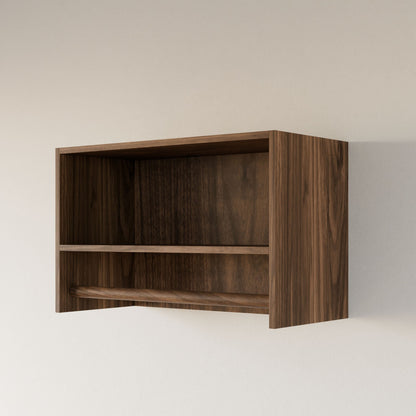 The Closet Hanger with Shelf in Walnut by Krovel Furniture Co. is a handmade wall-mounted unit from premium plywood featuring two open compartments, a smooth natural grain finish, and a minimalist design without visible fasteners.