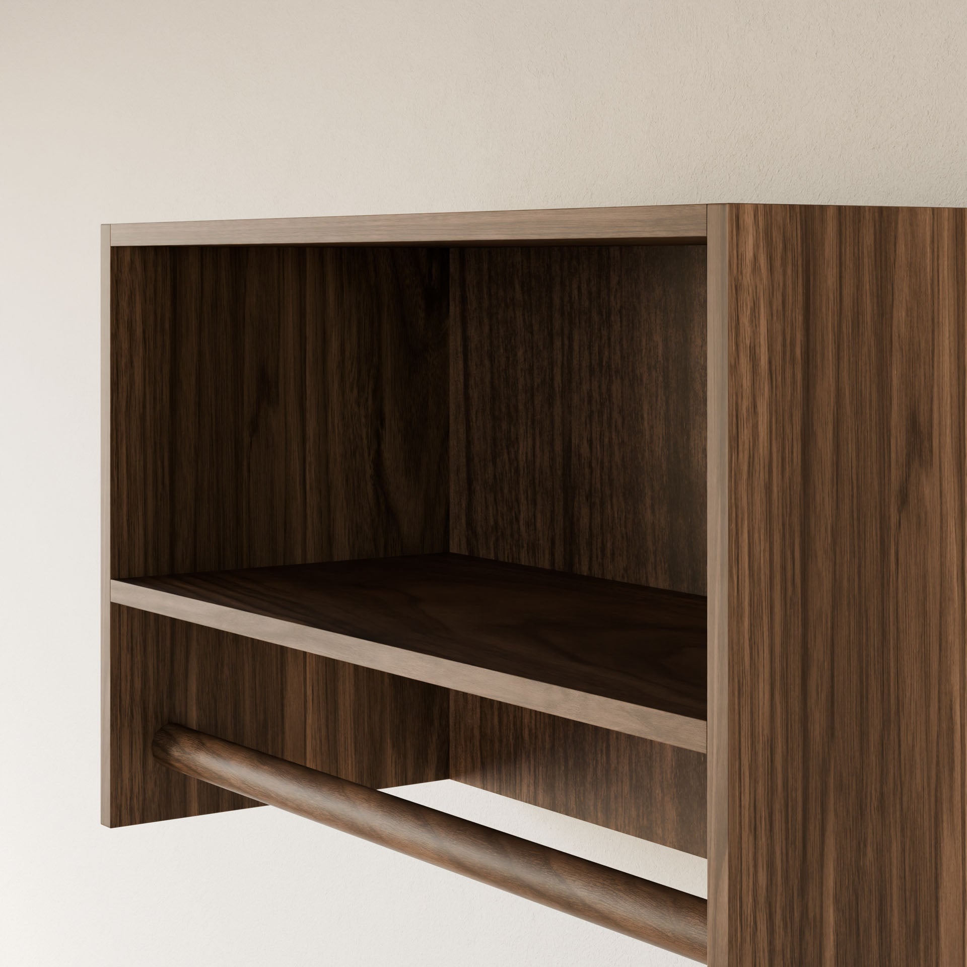 Crafted by Krovel Furniture Co. in Portland, Maine, the Closet Hanger with Shelf in Walnut features an open compartment and a lower bar. Made from premium plywood, its minimalist design enhances light-colored walls effortlessly.