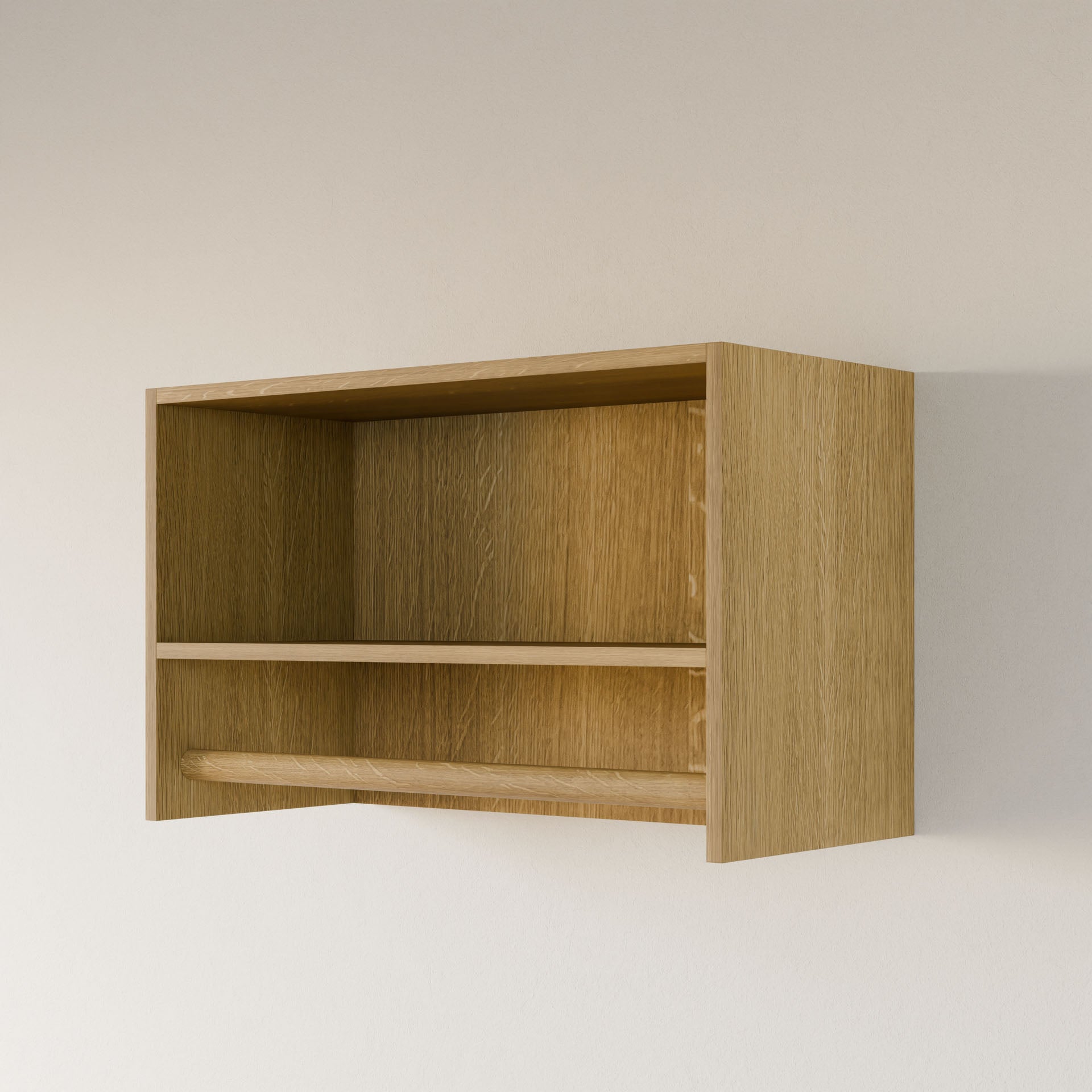 The Krovel Furniture Co.'s Closet Hanger with Shelf in White Oak is a minimalist two-compartment design crafted from premium plywood, ideal for mounting on light-colored walls to enhance customizable closets.