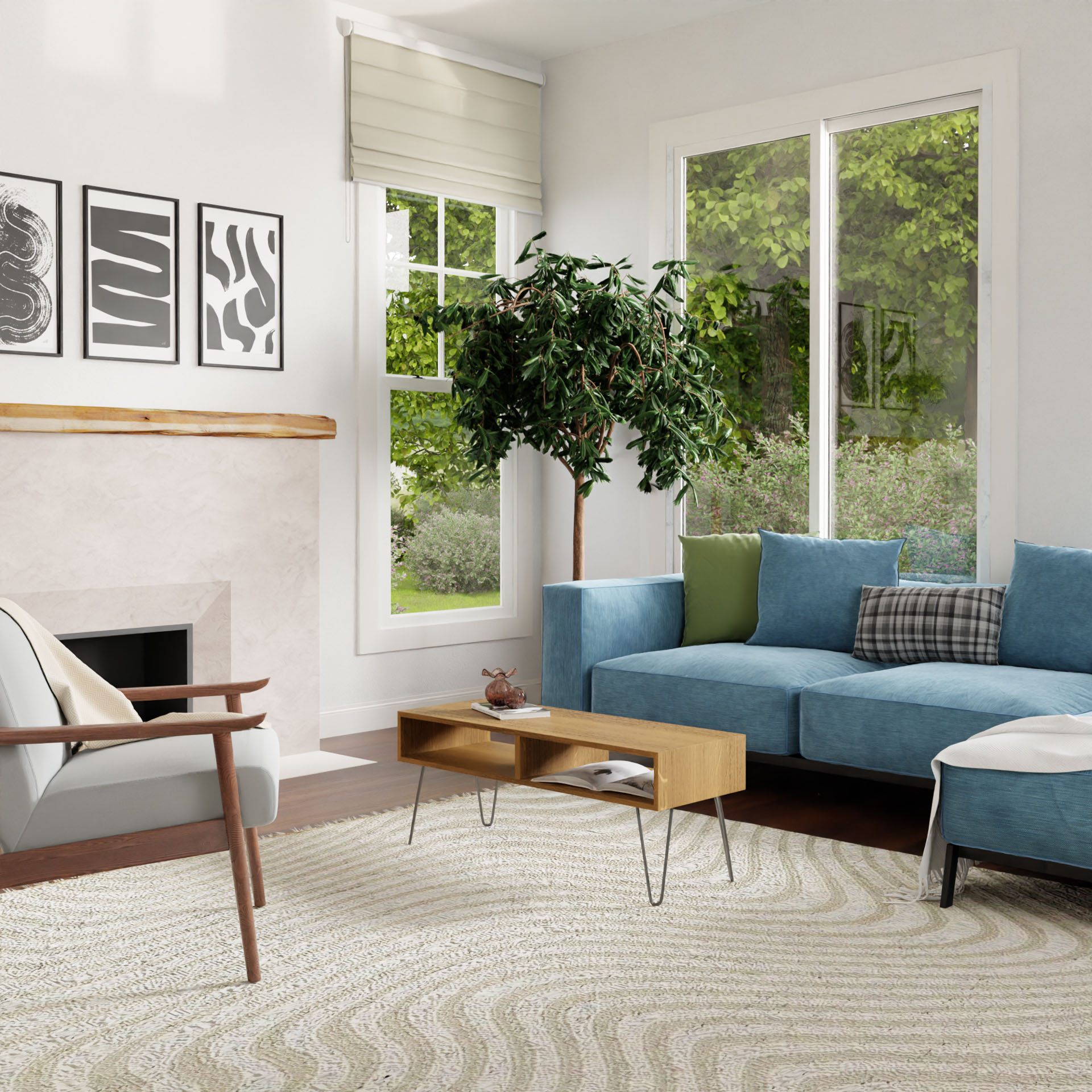 A modern living room features a blue sofa adorned with green and patterned cushions. The Coffee Table in White Oak by Krovel complements the beige armchair perfectly. Large windows provide views of the greenery outside, while abstract art enhances the walls above a minimalist fireplace. A potted tree brings additional greenery indoors.