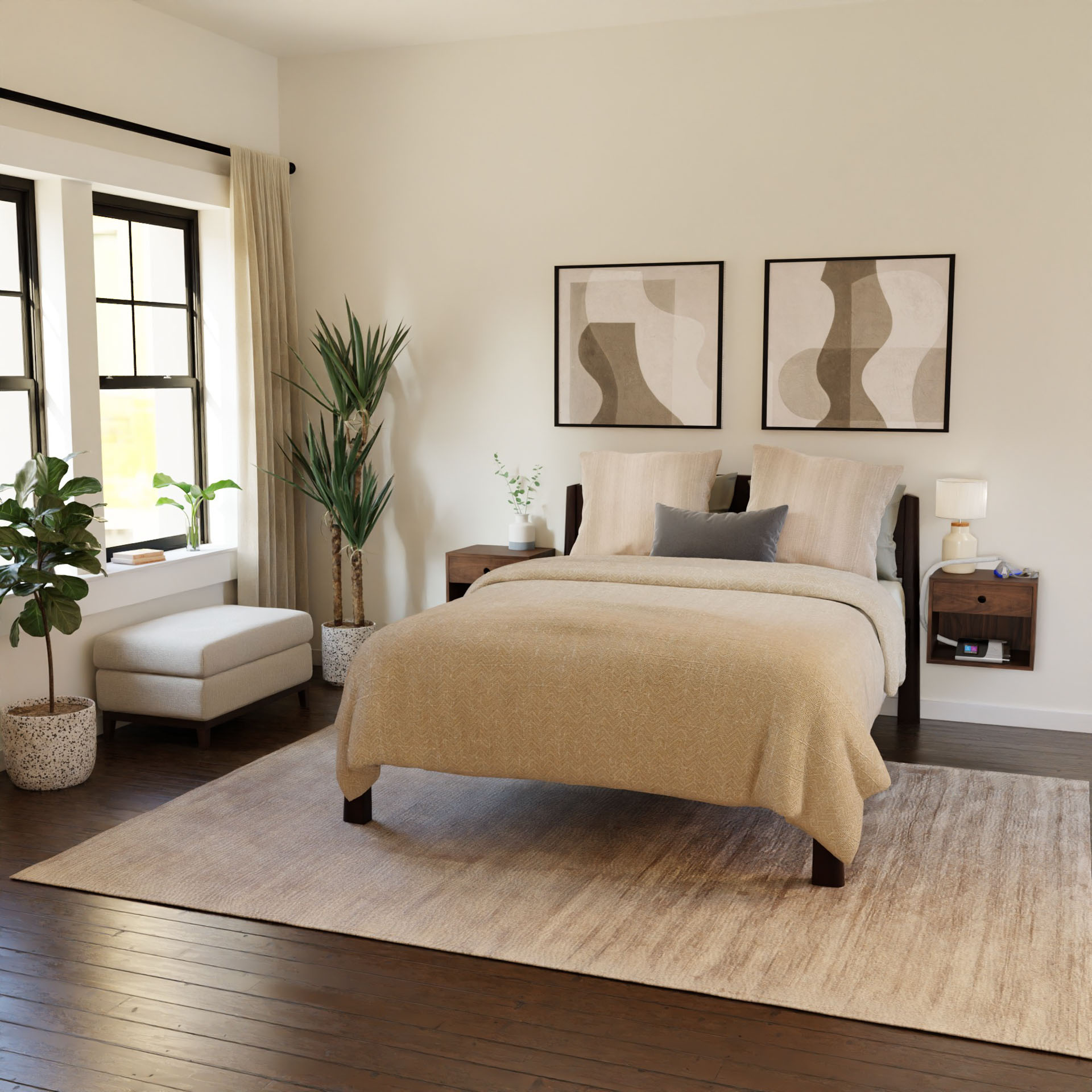 A cozy bedroom features a wooden floor with a neatly made bed adorned in beige bedding. Solid Maple accents enhance the Mid-Century Modern aesthetic. Two abstract paintings are positioned above the bed, and a chair by the window is accompanied by Krovel's CPAP Nightstand in Walnut, adding functional elegance to the room's inviting ambiance.