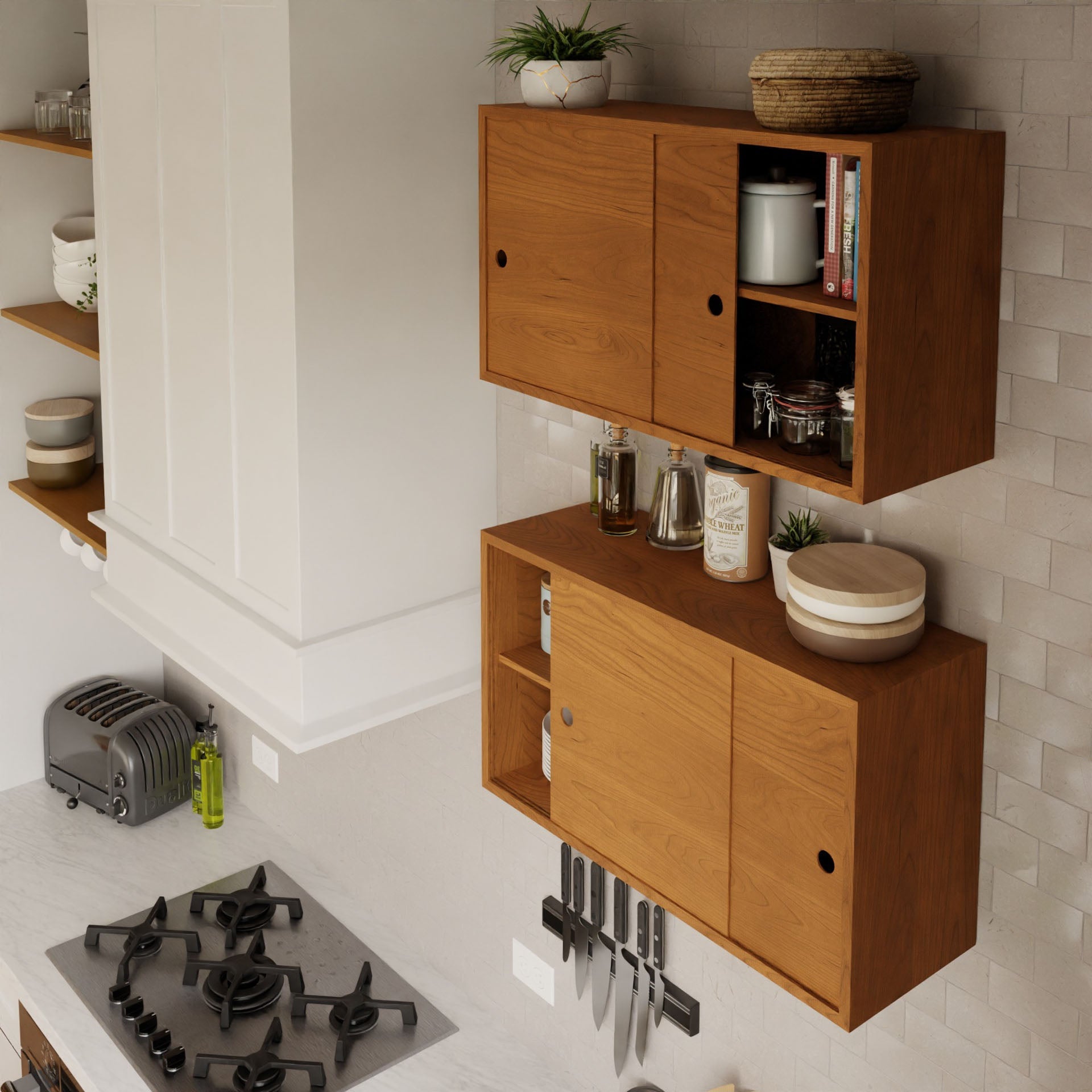 In a contemporary kitchen, the Cupboard with Shelf in Cherry by Krovel highlights wooden cabinets against a tiled wall, featuring solid cherry accents. The countertop is equipped with a gas stove and toaster, while an array of items such as potted plants and utensils grace the space. A set of knives is magnetically attached under one cabinet, which includes an innovative floating storage design.