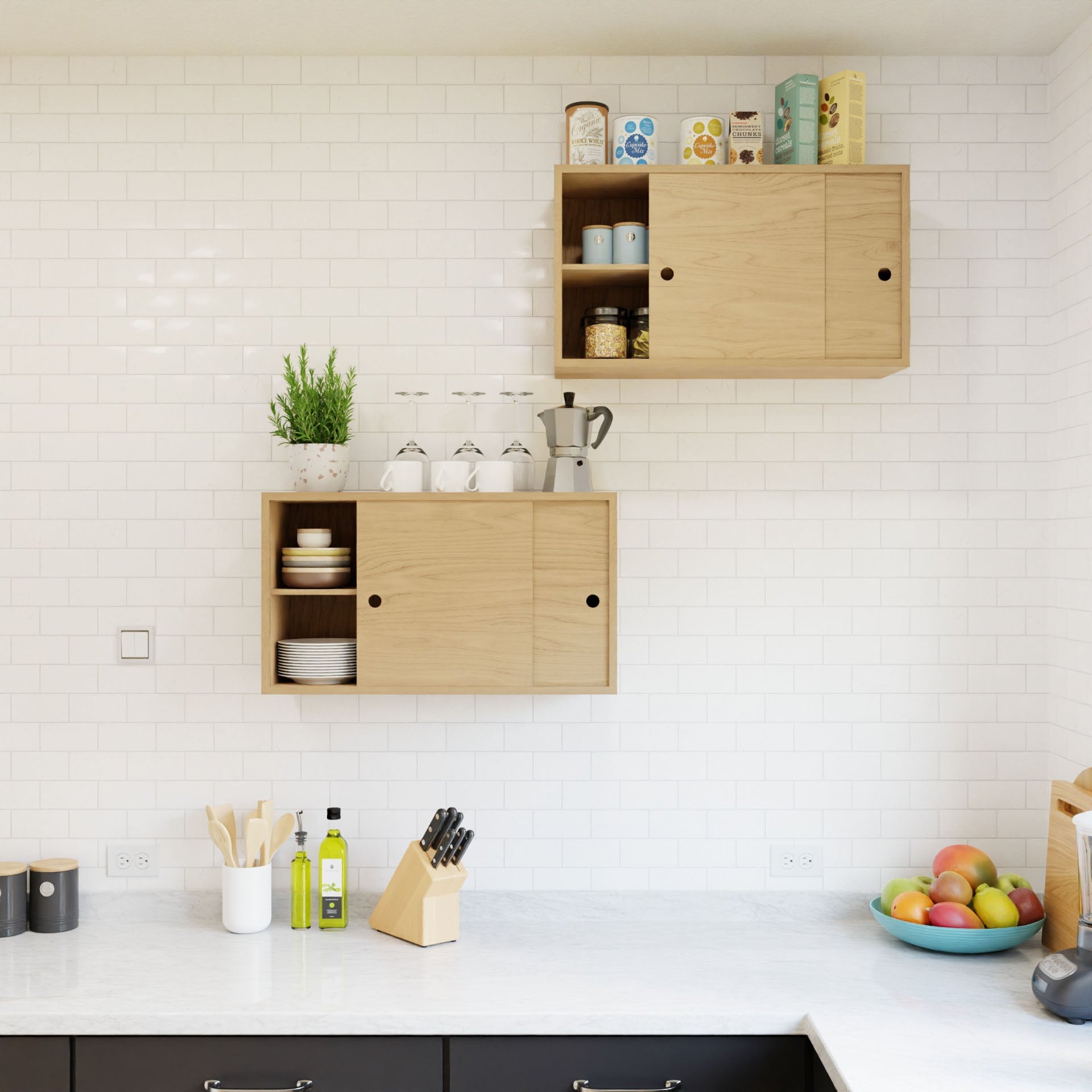 A modern kitchen boasts a sleek design with a white tiled backsplash, light wood maple cabinets, and the floating Krovel cupboard with shelf. The solid walnut countertop is adorned with a knife block, utensils, olive oil, and a bowl of fruit. Glassware, plants, and cans are displayed stylishly in this minimalist space.