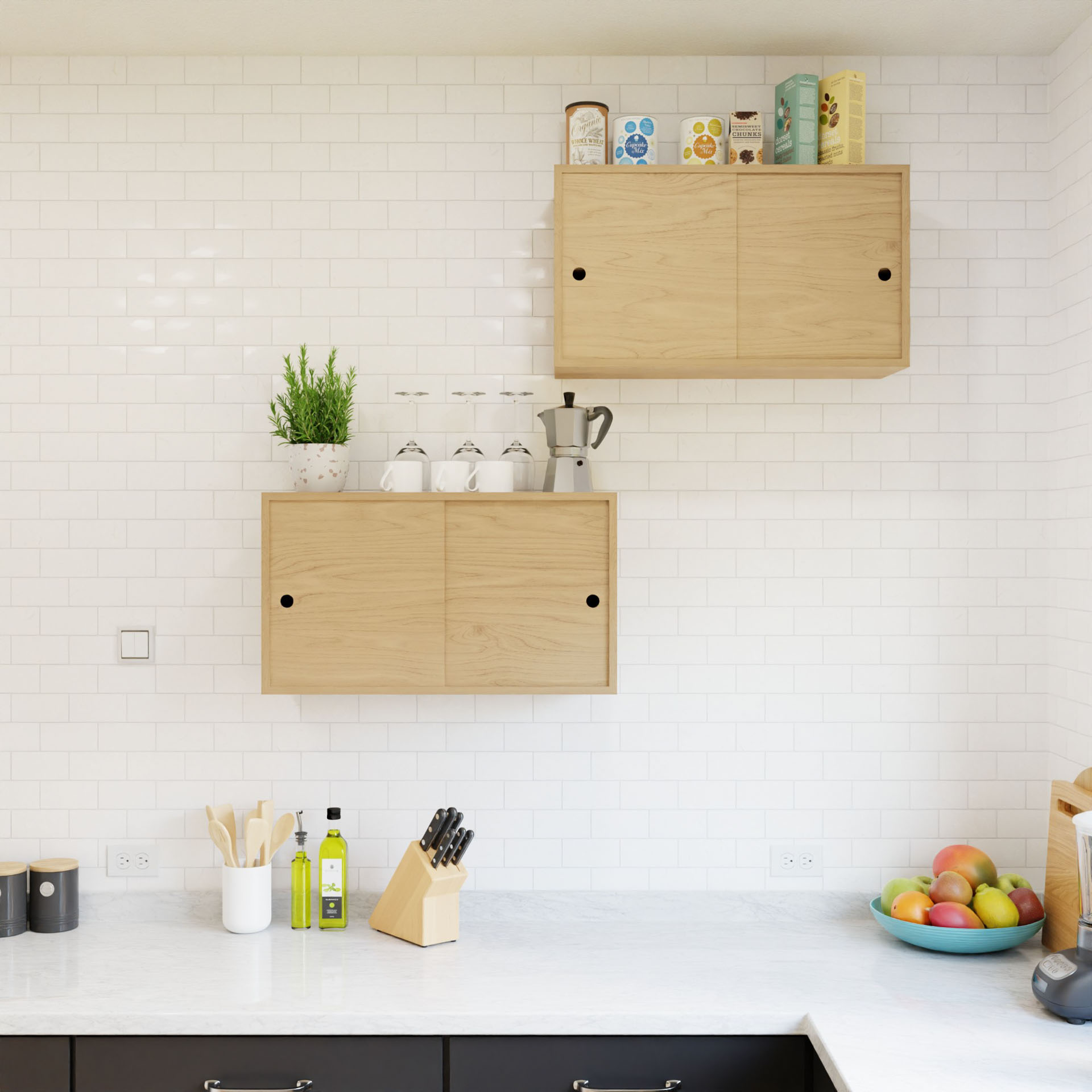 A modern kitchen with a white subway tile backsplash includes two Krovel Maple Cupboards with Shelves mounted on the wall using a sleek French cleat system. The solid walnut counter holds utensils, a knife block, and a bowl of fruit, while four glasses and a plant sit gracefully above.