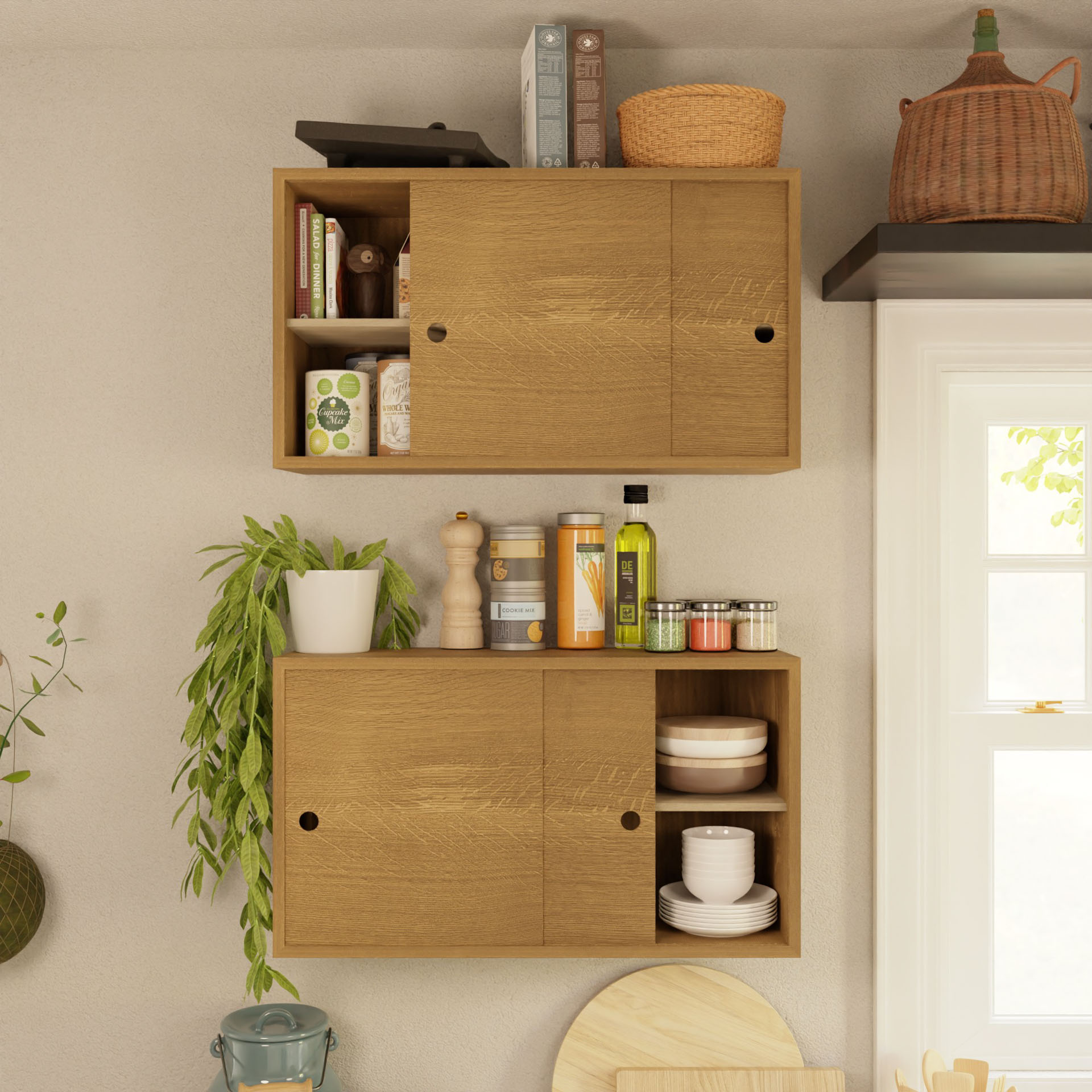 The Cupboard with Shelf in White Oak by Krovel is perfect for displaying various items, such as books, spices, a potted plant, and kitchenware. The sliding wooden doors and solid walnut finish contribute to the handmade craftsmanship that enhances the cozy, rustic atmosphere as natural light filters through a nearby window.