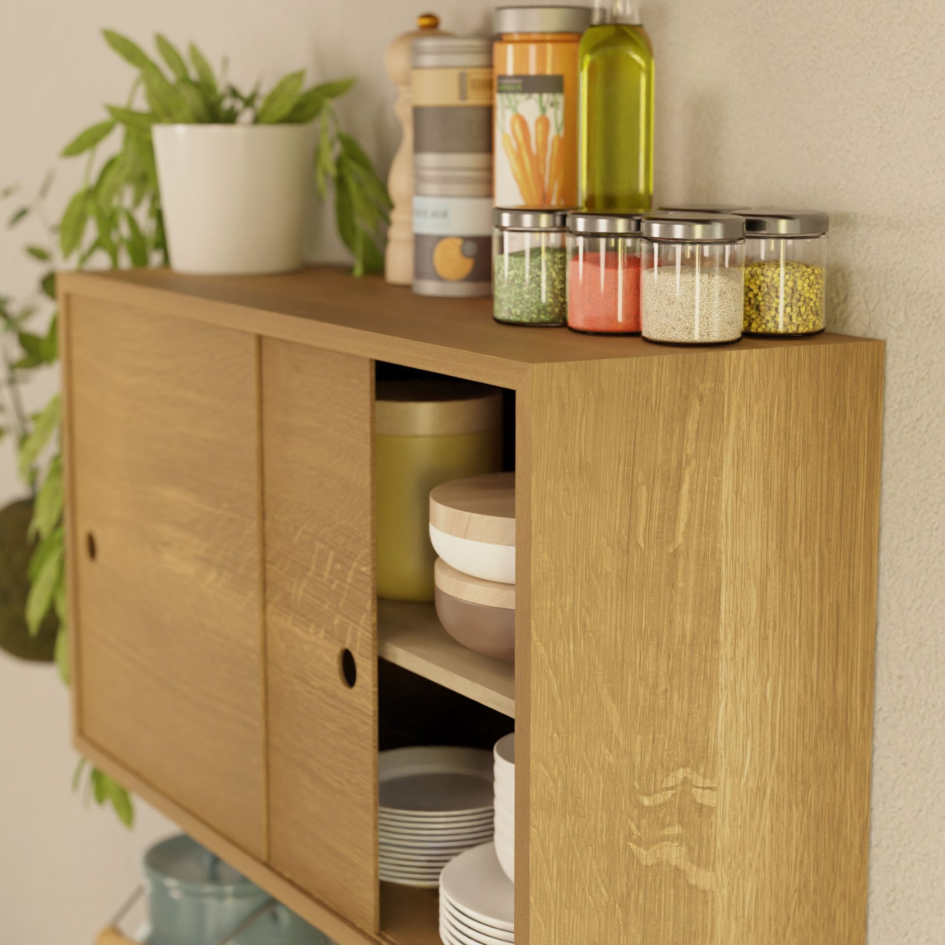 The Krovel Cupboard with Shelf in White Oak is displayed, featuring a handcrafted design with sliding doors. Spice jars and a white plant pot with green leaves enhance its charm from above, while plates and bowls are neatly organized on shelves inside this elegant floating storage cabinet.