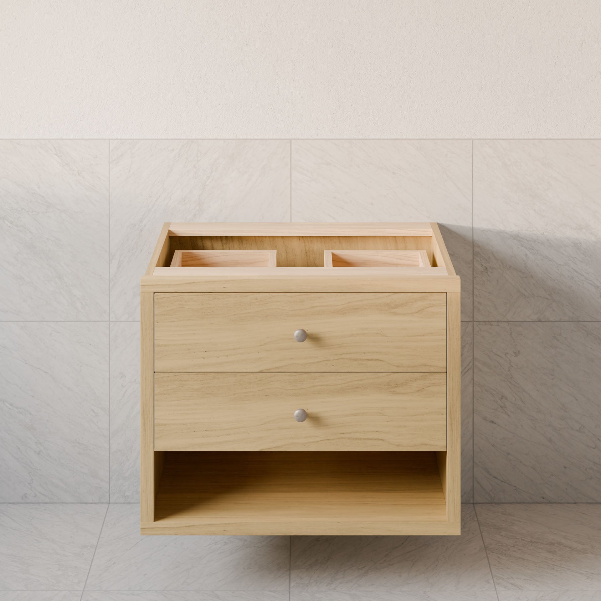 The Double Drawer, Open Shelf Vanity in Maple by Krovel Furniture Co. features a custom-size floating design with hardwood veneer, two drawers, an open shelf against a tiled wall, and round drawer knobs. The top opens to reveal inner compartments.