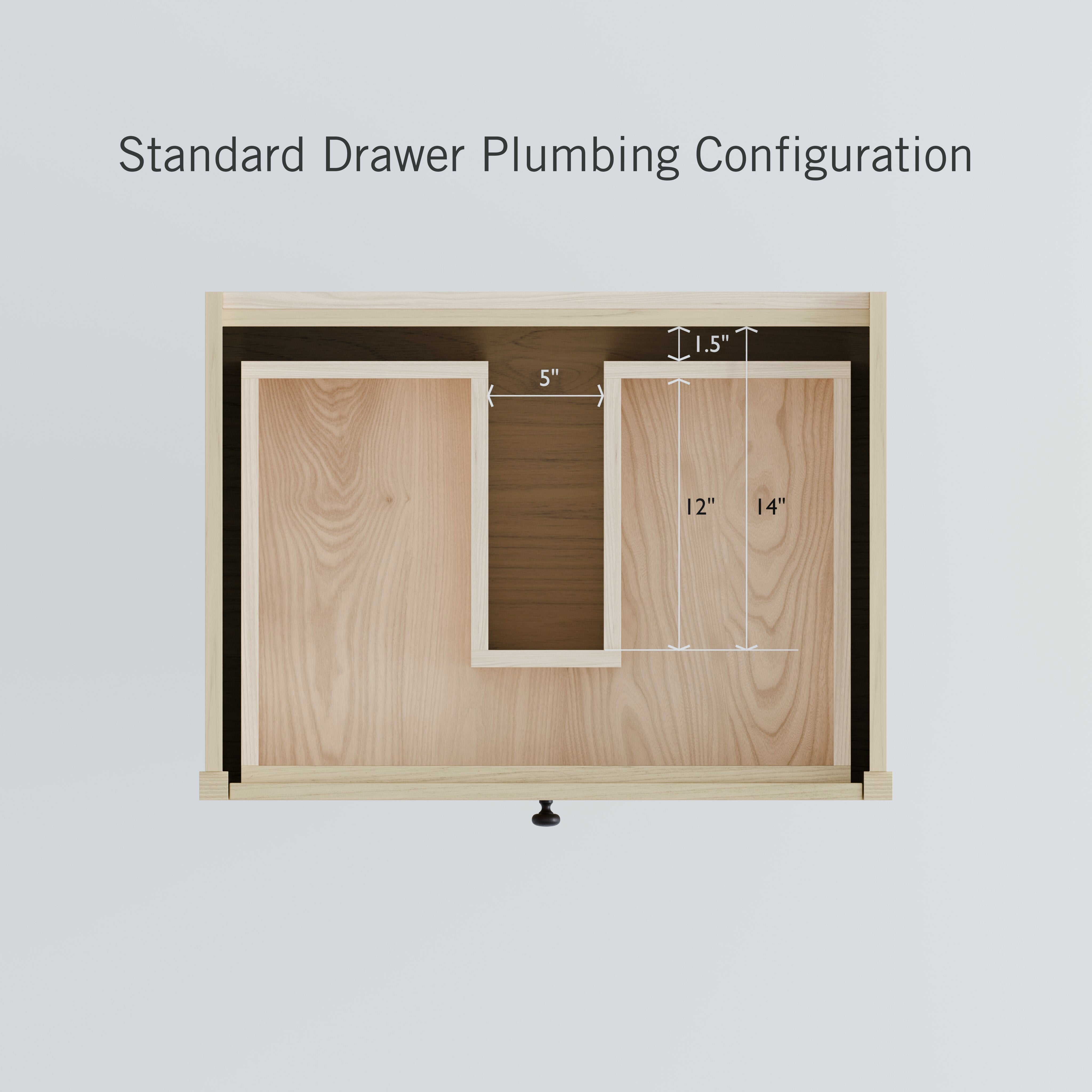 The Double Drawer, Open Shelf Vanity in Maple by Krovel Furniture Co. features a floating design with a U-shaped cutout for plumbing, storage compartments measuring 5", 12", and 14" deep, and a hardwood veneer finish. "Standard Drawer Plumbing Configuration" is inscribed above.