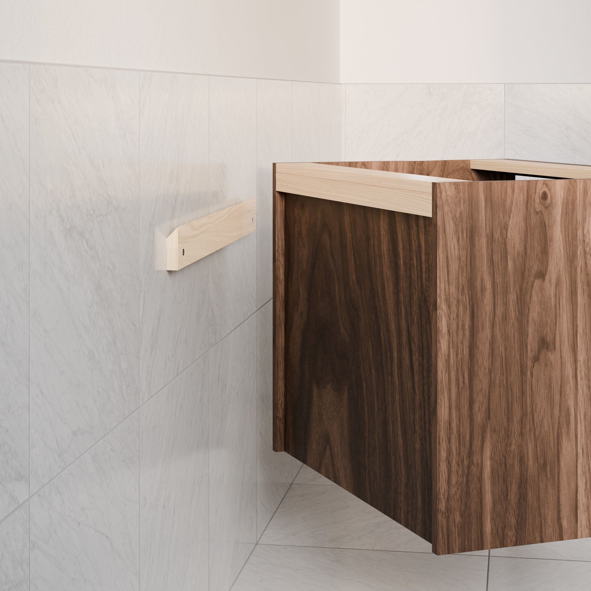 The minimalist interior showcases Krovel Furniture Co.'s Double Drawer, Open Shelf Vanity in Walnut with white marble tiles. A light hardwood veneer support contrasts beautifully against the sleek white and wooden textures.