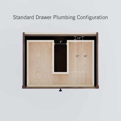 Diagram of the "Double Drawer, Open Shelf Vanity in Walnut" by Krovel Furniture Co. displays a wood drawer with a custom plumbing cutout (5" wide, 12" tall on one side, 14" on the other) and a 1.5" top section, featuring "Standard Drawer Plumbing Configuration.