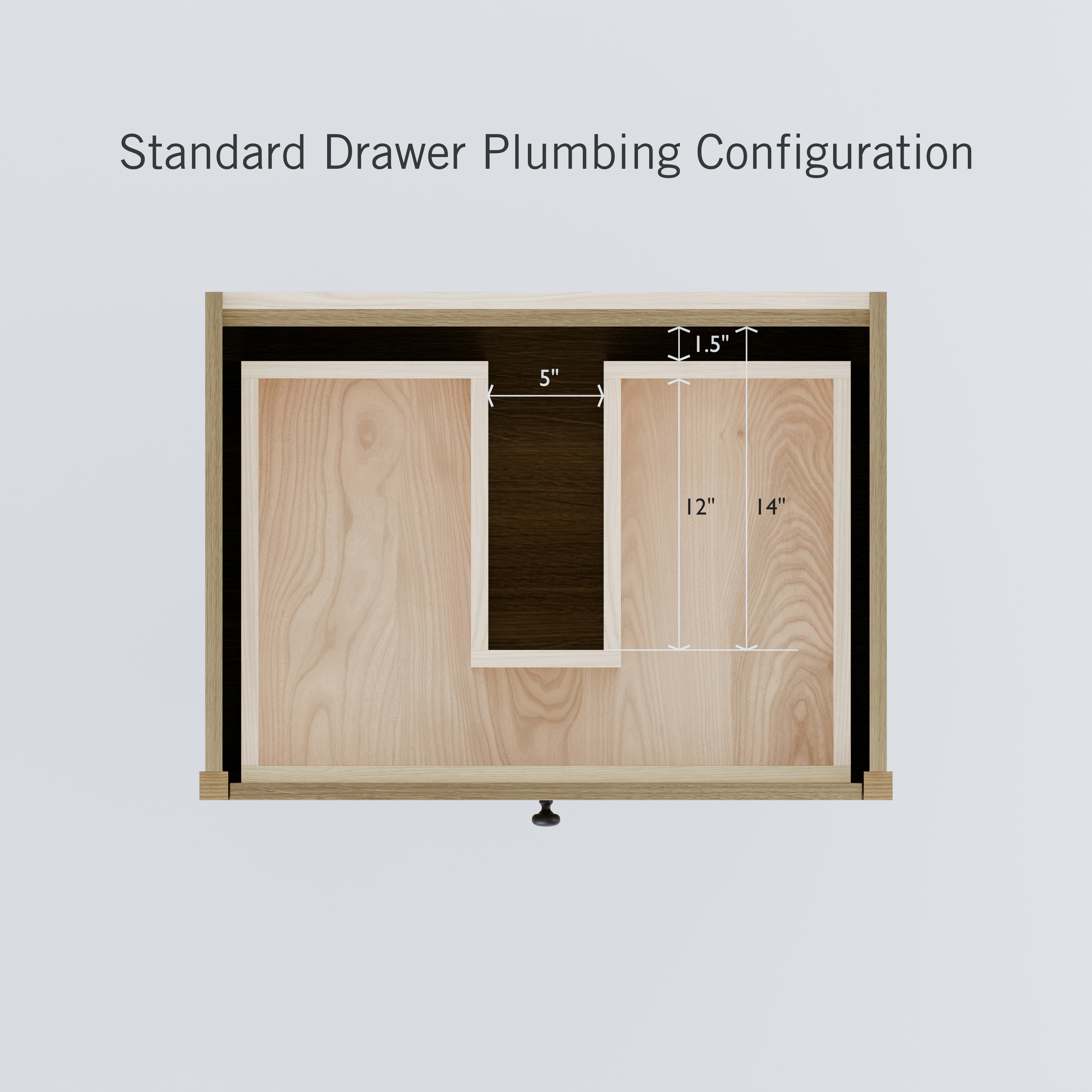 The diagram titled "Standard Drawer Plumbing Configuration" shows a double drawer, open shelf vanity by Krovel Furniture Co. in white oak, featuring a floating vanity drawer with a U-shaped cutout: 5 inches wide, 1.5 inches from the top edge, extending 12 inches deep, leaving 14-inch hardwood veneer drawer space.