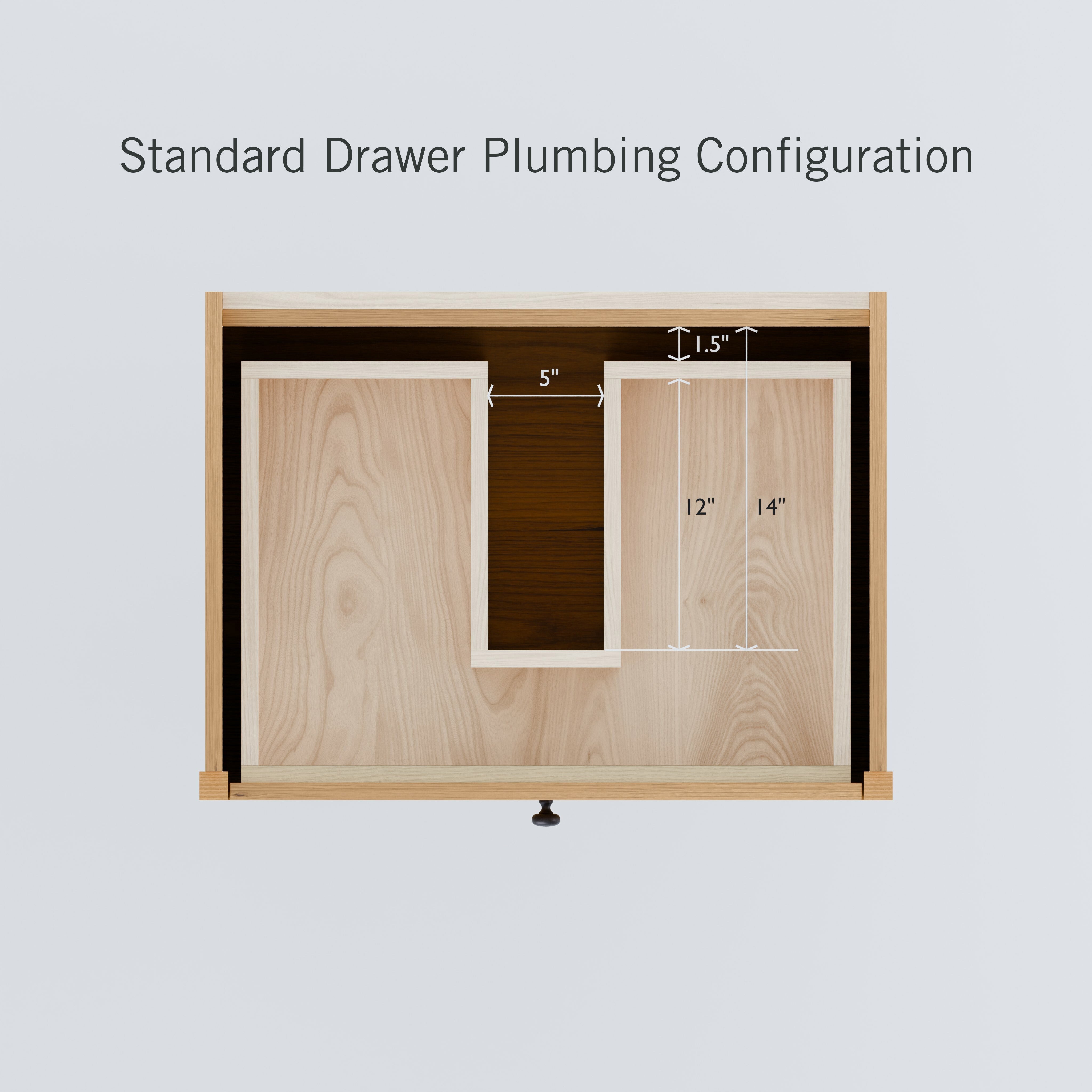 A diagram of the Double Drawer Vanity in Cherry by Krovel Furniture Co. shows a wooden drawer with cut-out sections for plumbing. The cut-out is 5" wide, 12" tall on one side, and 14" on the other, with a 1.5" offset. Text reads "Standard Drawer Plumbing Configuration." Ideal for a floating vanity.