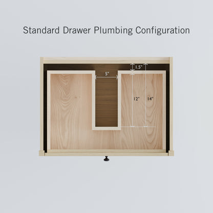 Diagram of Krovel Furniture Co.'s Double Drawer Vanity in Maple showing a wooden drawer with dovetail joinery and a U-shaped cutout for plumbing. Left section: 12"x5", right section: 14" wide, with top space at 1.5". Text reads "Standard Drawer Plumbing Configuration for Floating Vanity.