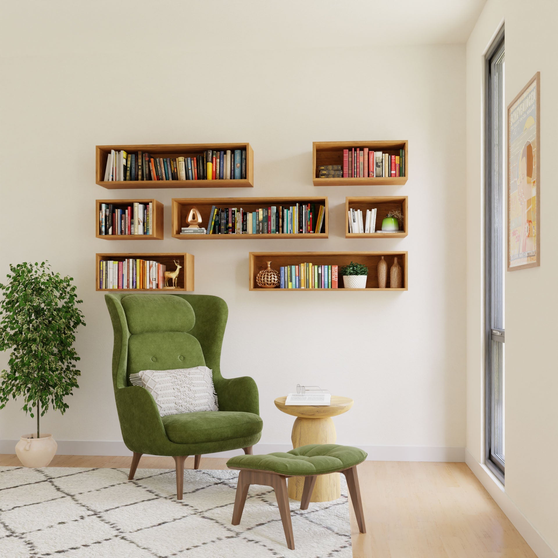 A cozy reading nook showcases a green armchair paired with a matching footrest on a patterned rug, complemented by a small wooden side table crafted from American Cherry. The wall is adorned with Krovel's Floating Bookshelf in Cherry, filled with books and decorative items. A potted plant stands nearby, enhancing the space by the large window.