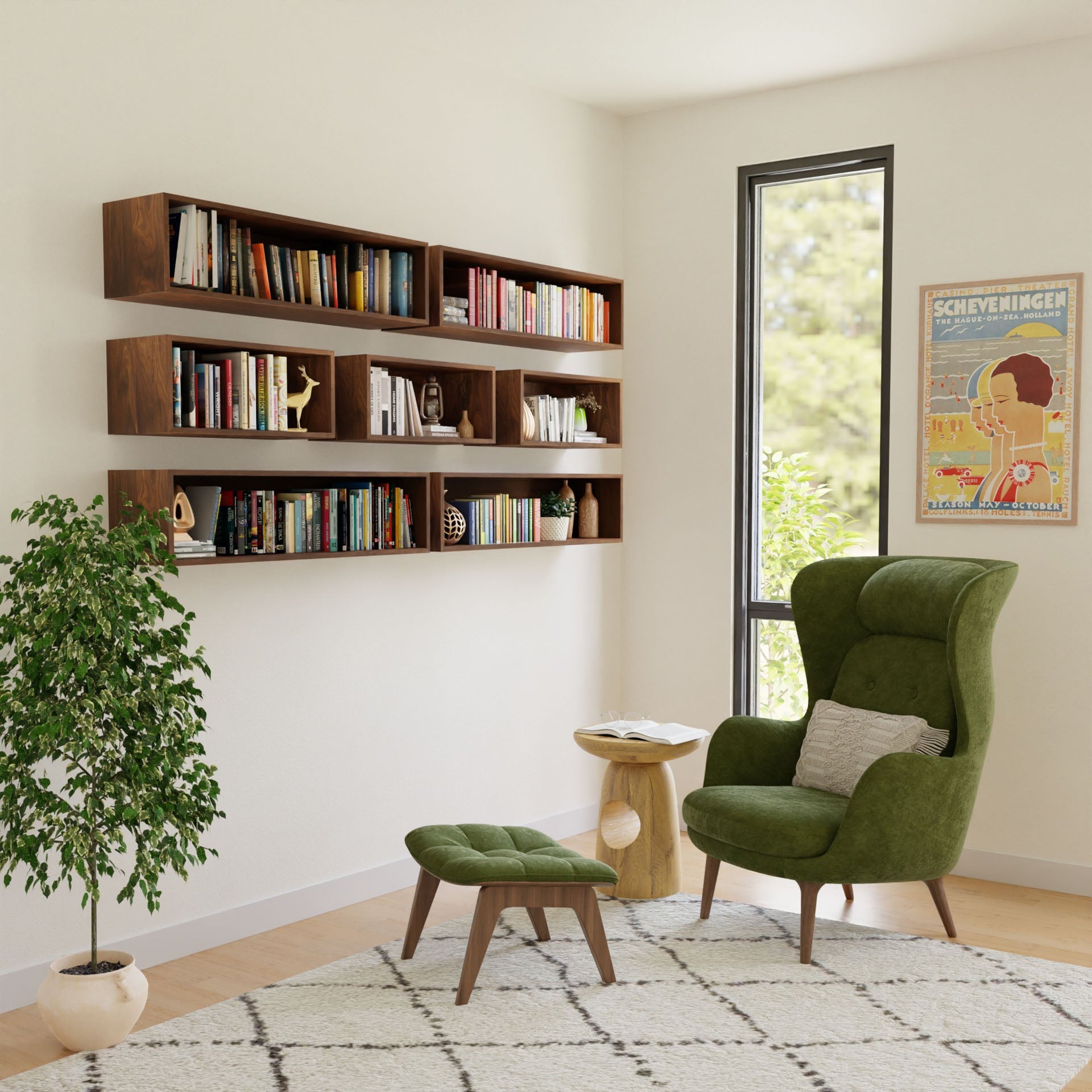 A cozy reading nook has a green armchair with a matching ottoman on a patterned rug. A wooden side table supports a plant, while Krovel's Floating Bookshelf in Walnut is filled with books. Light walls are adorned by a large window and poster.