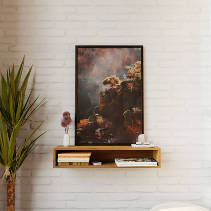 A minimalist interior is highlighted by a framed abstract painting with dark and earthy tones above a Krovel Floating Console Table in Cherry. The table showcases stacked books, a white vase with dried flowers, and small decorative items. A tall plant stands beside this arrangement against a white brick wall.