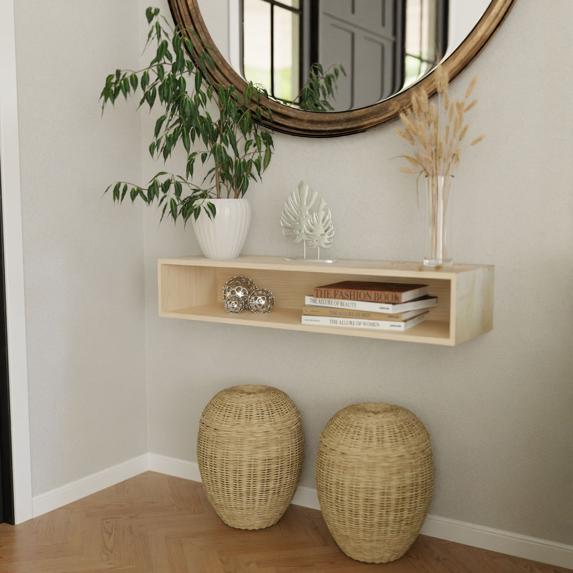 A Floating Console Table in Maple by Krovel displays decorative books and ornaments below a round mirror. Two wicker baskets rest on the floor, while a vase with dried plants and a leafy plant in a white pot adorn the console, echoing minimalist Mid-Century Modern charm.