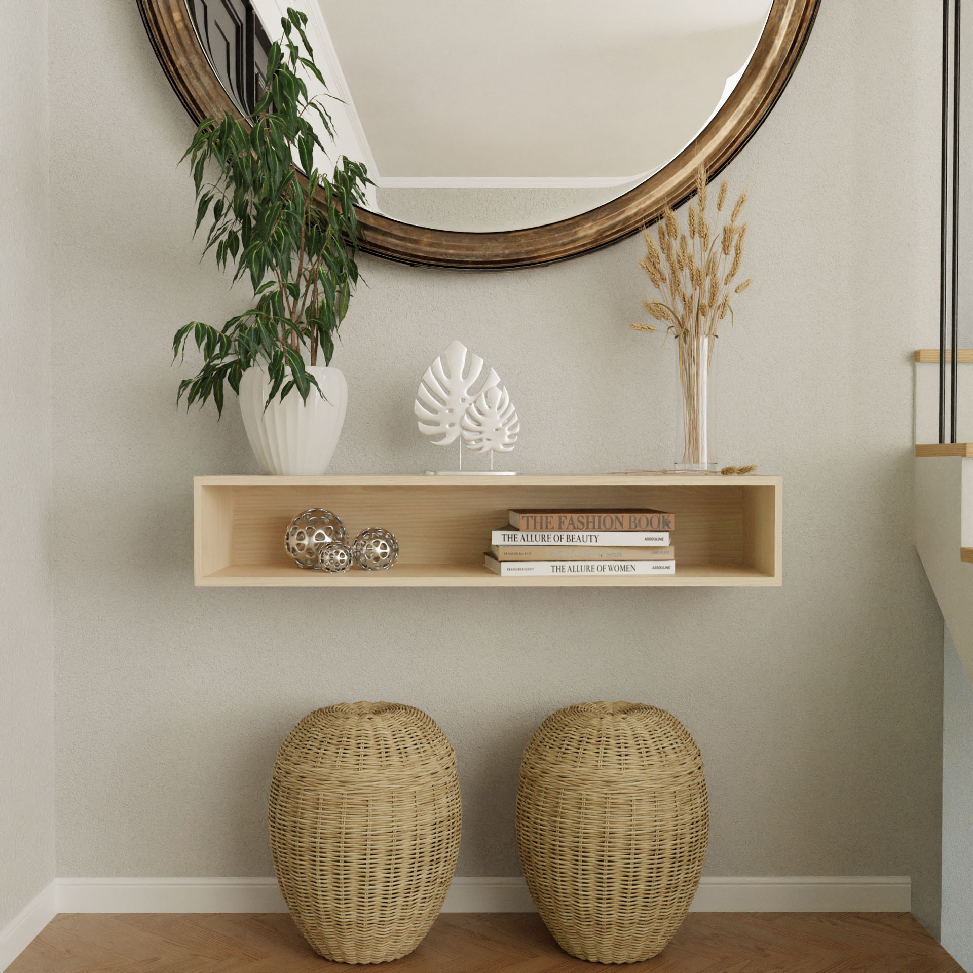 A minimalist interior showcases a Krovel Floating Console Table in Maple, topped with a white vase with greenery, silver decorative spheres, and tall dried grass in a glass vase. Above it hangs a round mirror, while two wicker baskets add Mid-Century Modern charm on the floor below.