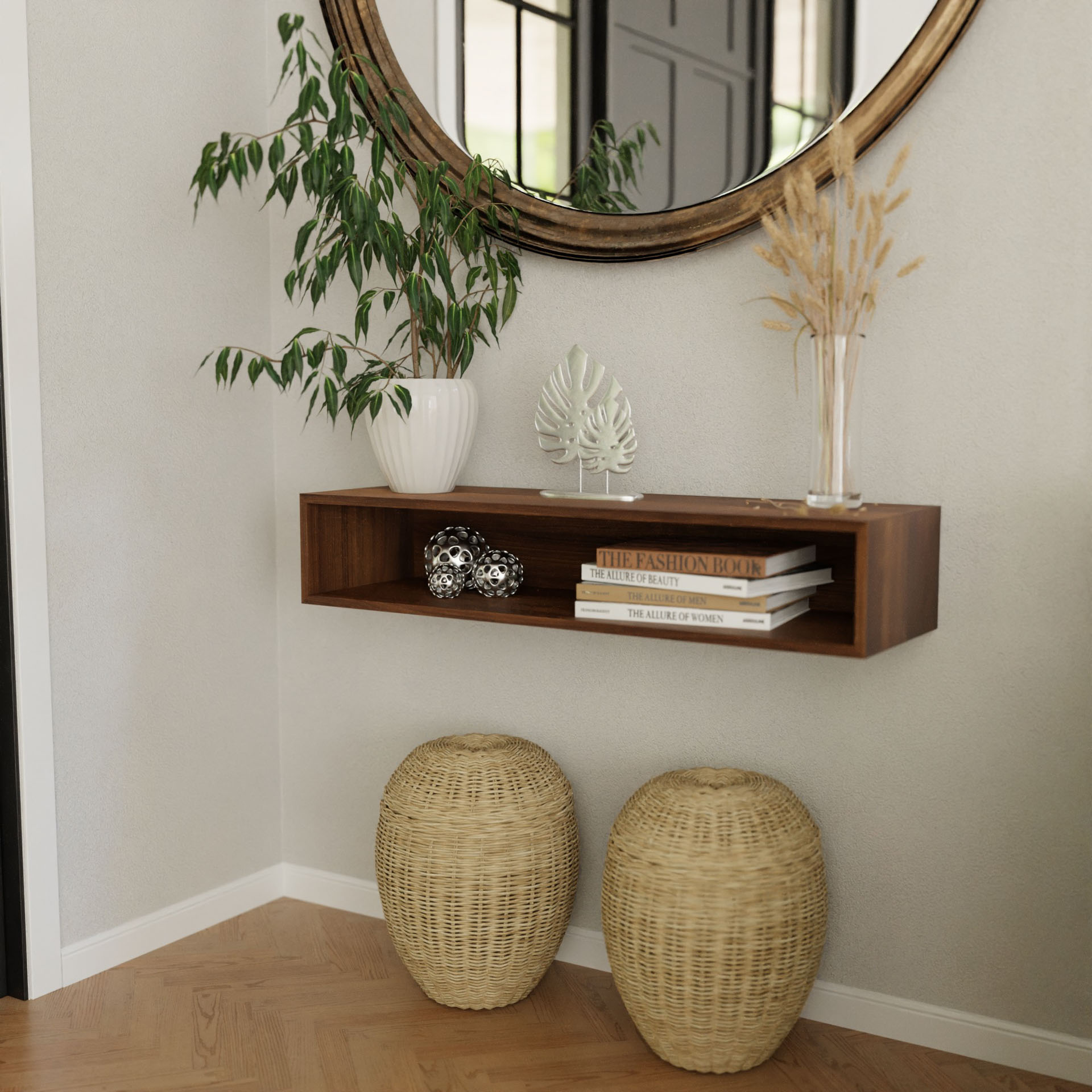 A corner interior showcases a Krovel Floating Console Table in rich American Black Walnut, adorned with decorative books, plants, and ornaments. Above the console is a large round mirror, while two wicker baskets rest on the wooden floor, enhancing the Mid-century Modern charm.
.