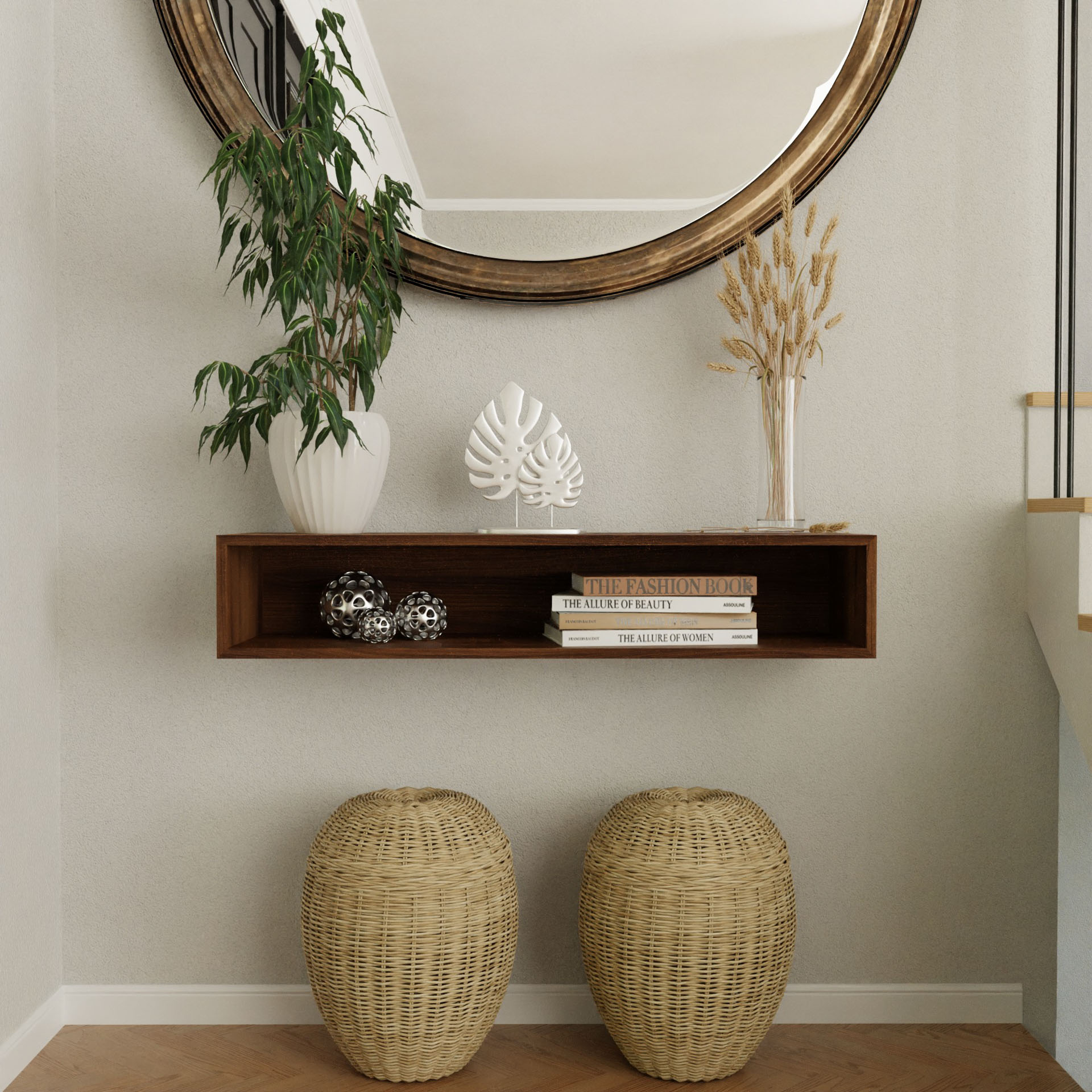 A modern interior showcases a large round mirror above Krovel's Floating Console Table in Walnut. The shelf displays a potted plant, decorative sculpture, books, and a vase with dried grasses. Two woven baskets rest below on the floor. Minimalist and stylish decor.