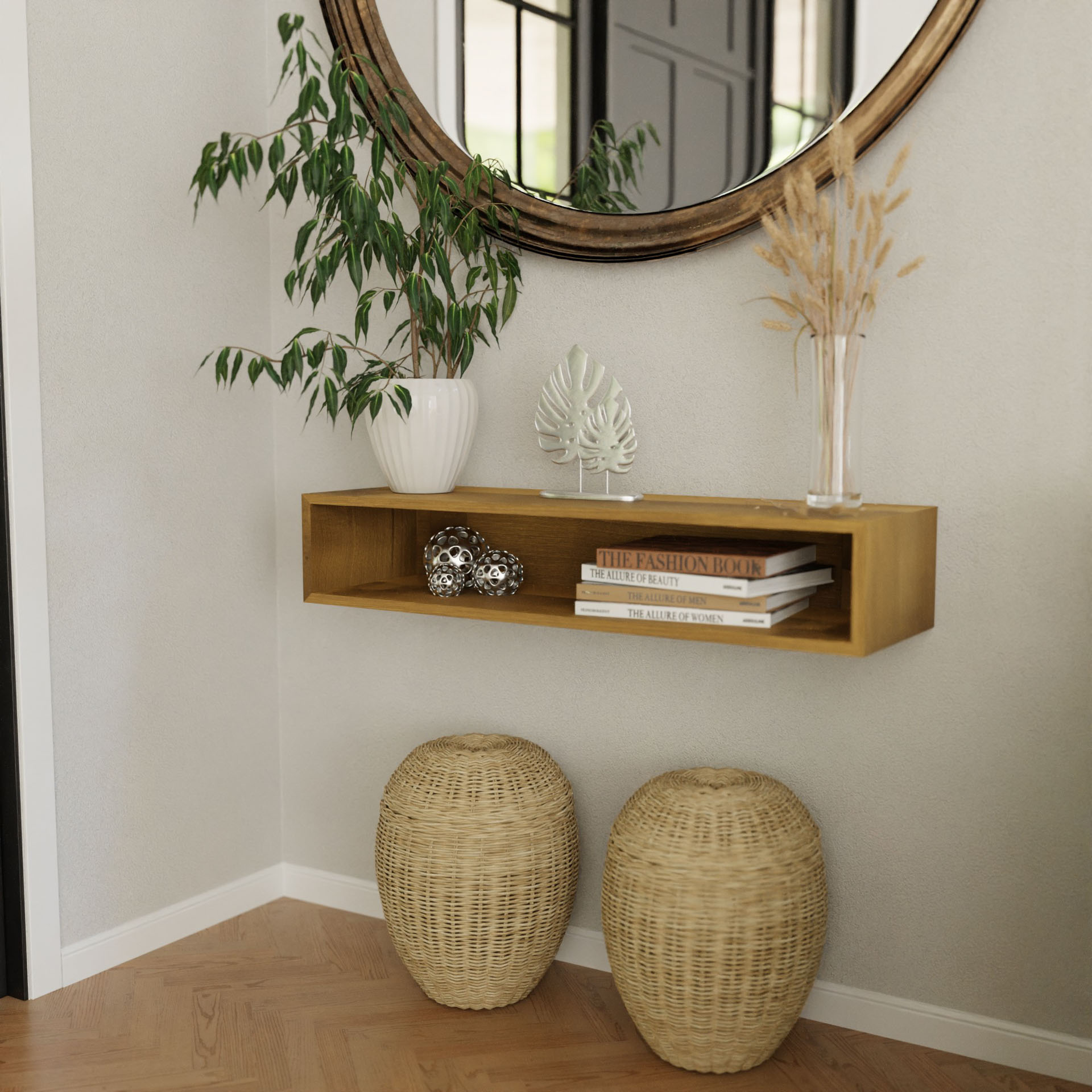 A floating console table in White Oak by Krovel is mounted on a light gray wall, hosting a white vase with a plant, decorative objects, and books. A round mirror hangs above it. Below are two woven baskets resting on the wooden floor. The setting exudes minimalist and elegant charm.