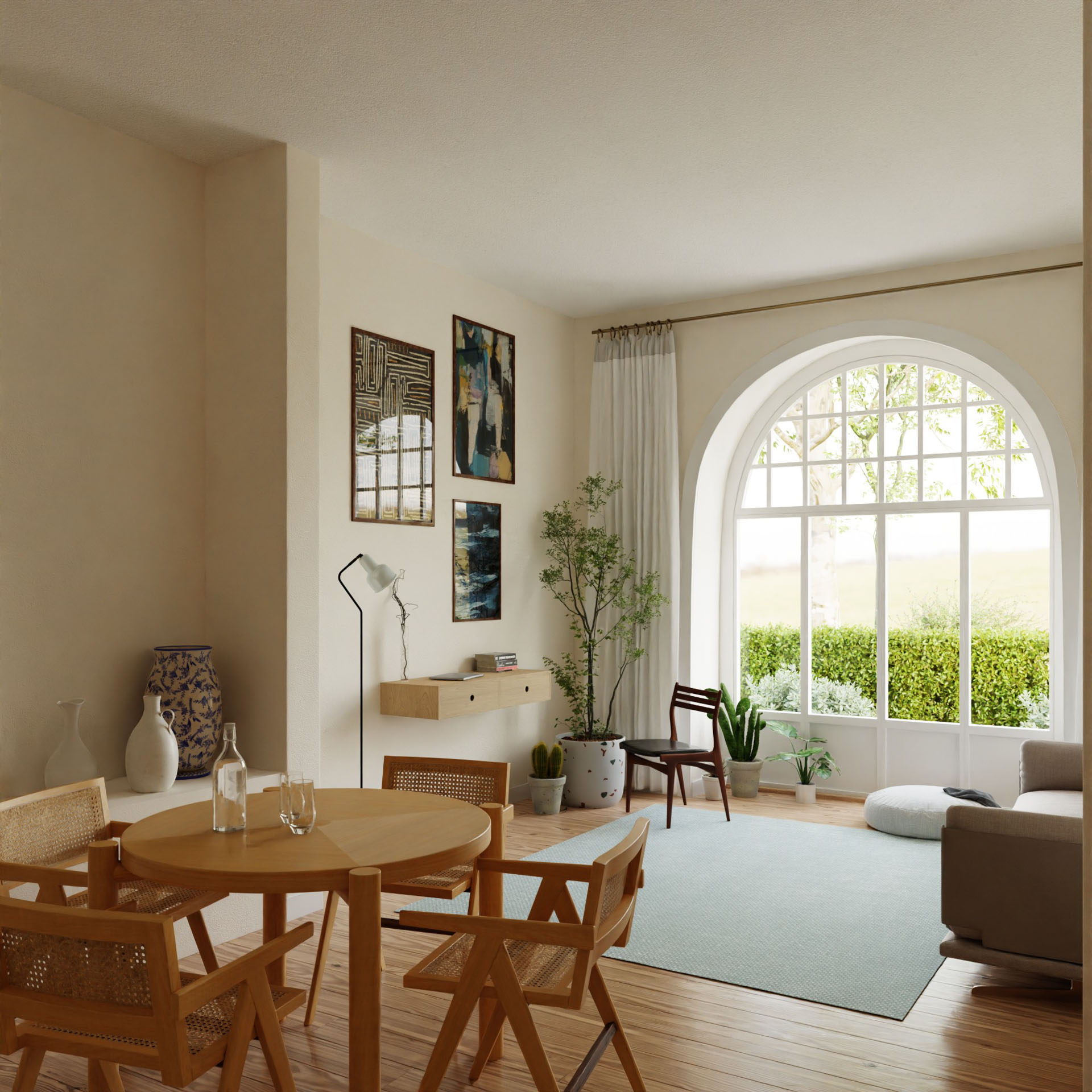 A cozy living room featuring Krovel's Floating Desk in Maple, accompanied by a round wooden dining table with American Cherry chairs and a large arched window adorned with several wall art pieces. The space is further enhanced by a potted plant, a floor lamp, a sideboard, and a sofa resting on the green rug, where light pours in to create a serene atmosphere.