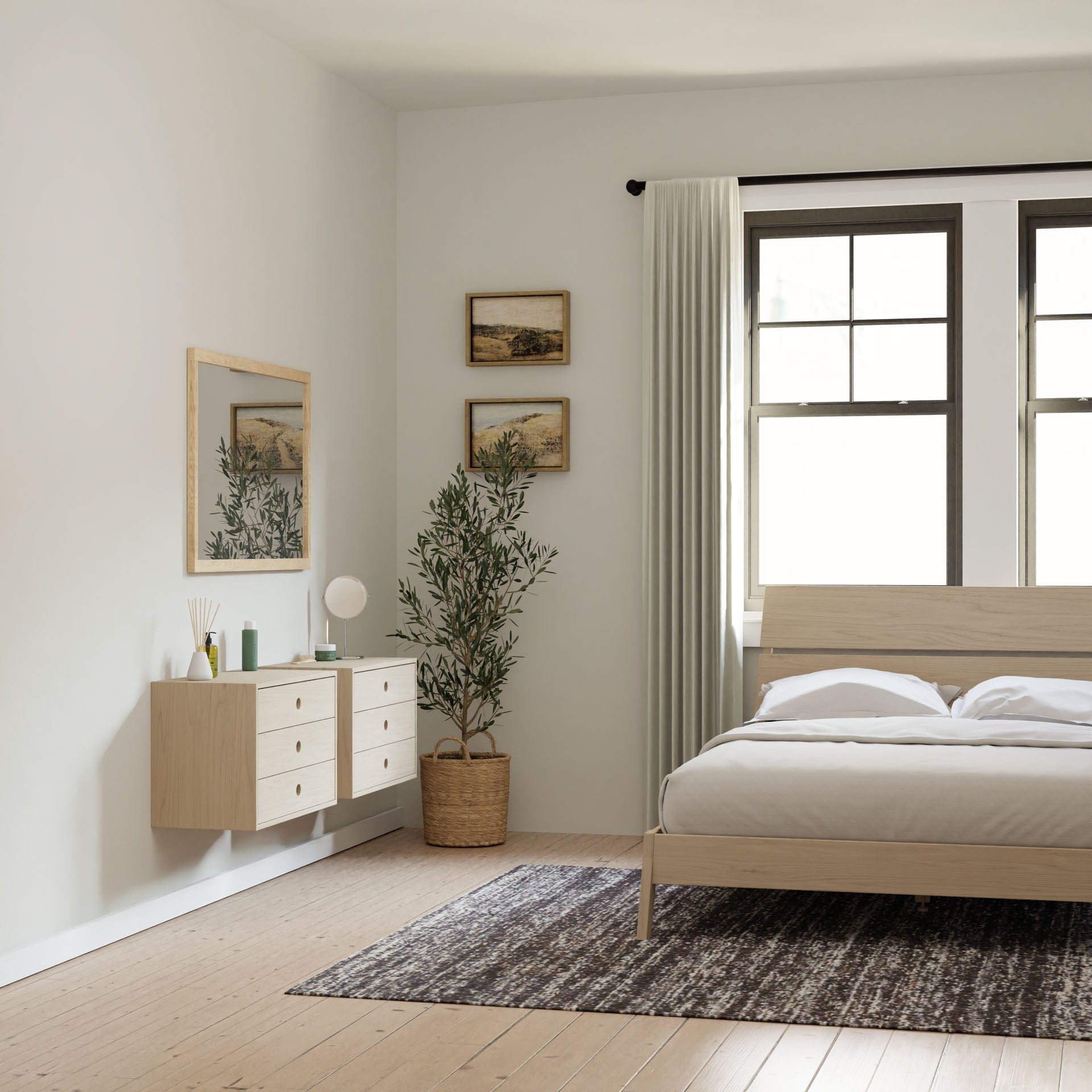 A minimalist bedroom showcases a wooden bed, white bedding, and Krovel's Floating Dresser in Maple with soft-close slides. A potted plant is beneath a wall mirror and two framed pictures, while natural light streams through two large windows with light curtains.