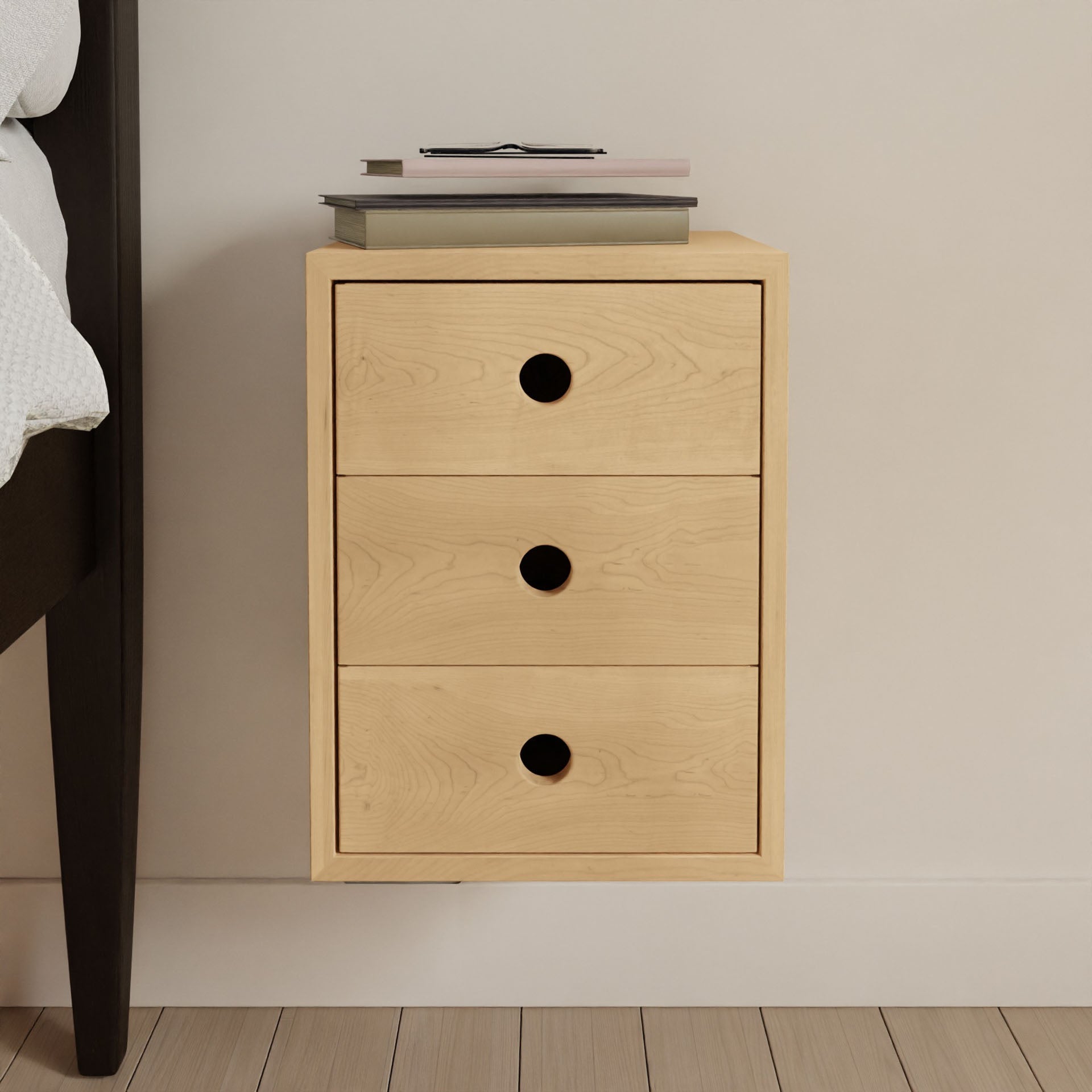 Floating Nightstand in Maple - Krovel TRIPLE DRAWER / Extra Small Handmade in Maine 