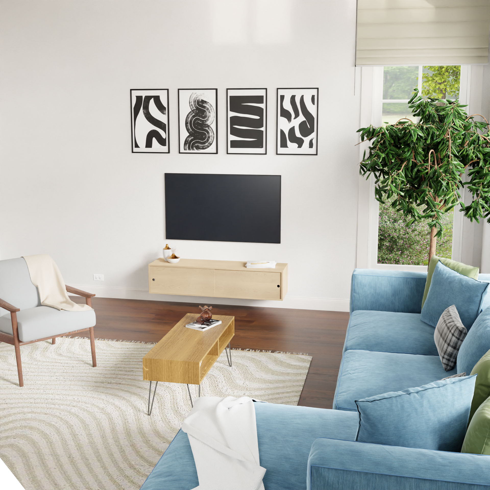 A contemporary living room includes a blue sectional sofa, wooden coffee table, and an armchair. A TV is mounted above the Krovel Oversized Media Console Table in Maple. Hand-finished abstract black and white art pieces decorate the wall above, while a large green plant adds vitality to the corner by the window.