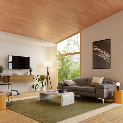 A modern living room showcasing a gray sofa, white coffee table, and green rug. Mounted on the wall is the sleek Oversized Media Console Table in White Oak by Krovel. A floor lamp stands in the corner, while large windows reveal greenery outside. Minimalist decor with plants and framed art completes the look.