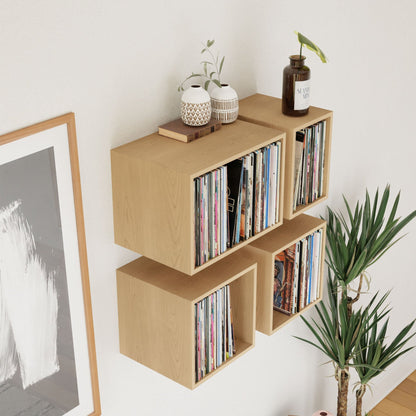 Krovel's Record Storage Shelves in Maple provide an elegant stage for a vinyl collection and small decorative vases. On the left, framed artwork subtly makes its presence known, while the mid-century modern aesthetic is further complemented by a potted plant on the floor to the right, infusing a refreshing touch of greenery into the room.