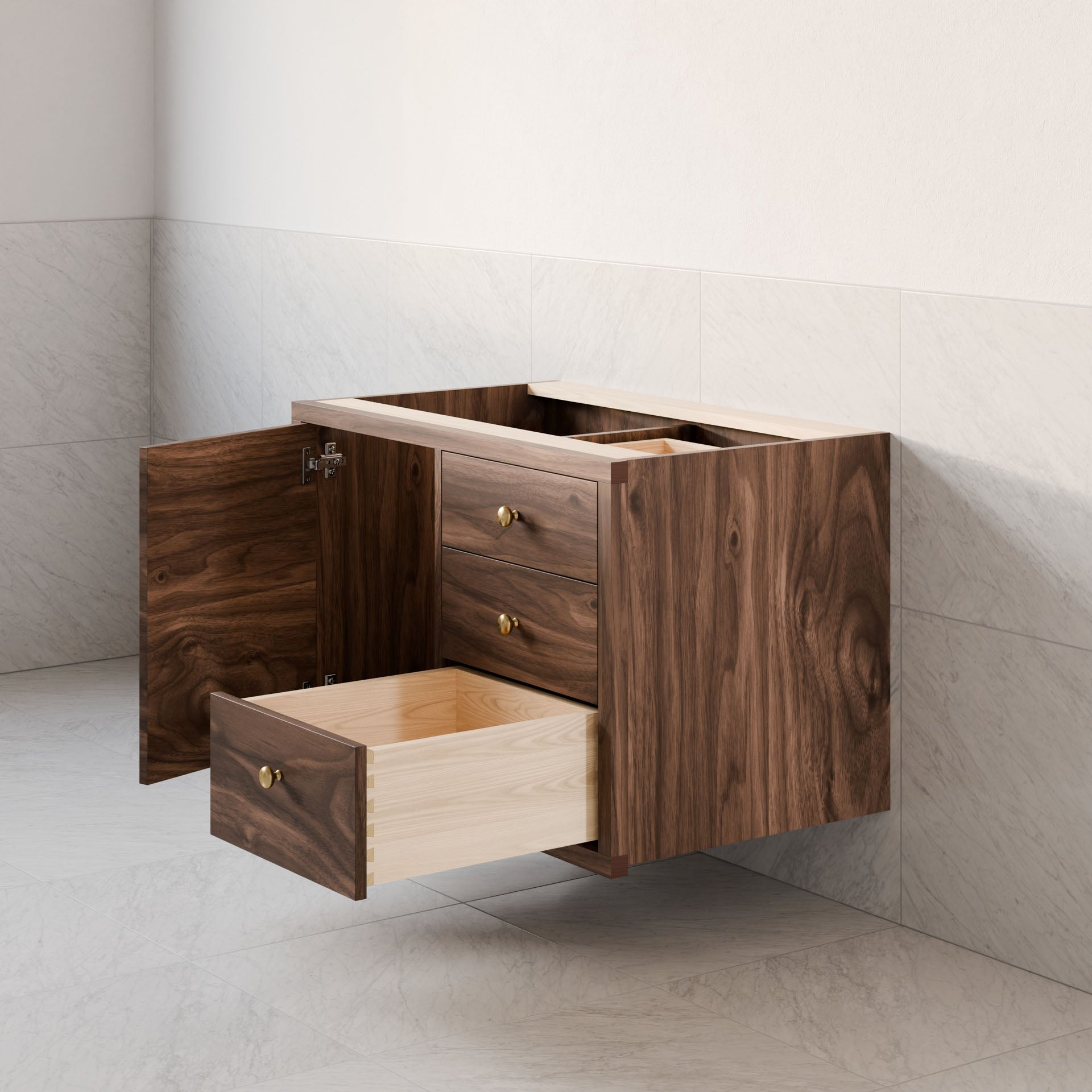 The Krovel Furniture Co. Single Door, Triple Drawer Vanity in Walnut showcases a floating design with hardwood veneer and a natural finish. It features open double doors, two closed drawers, one pulled-out drawer, and soft-close hinges, set against light tiled walls and floors.