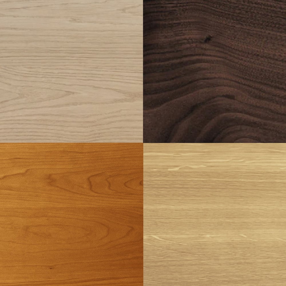 A grid of four wood samples from Krovel Furniture Co. showcases different grain patterns and colors: light beige, dark brown, warm orange-brown, and light brown. Each quadrant displays the handmade textures and unique shades typical of various wood types made in the USA.